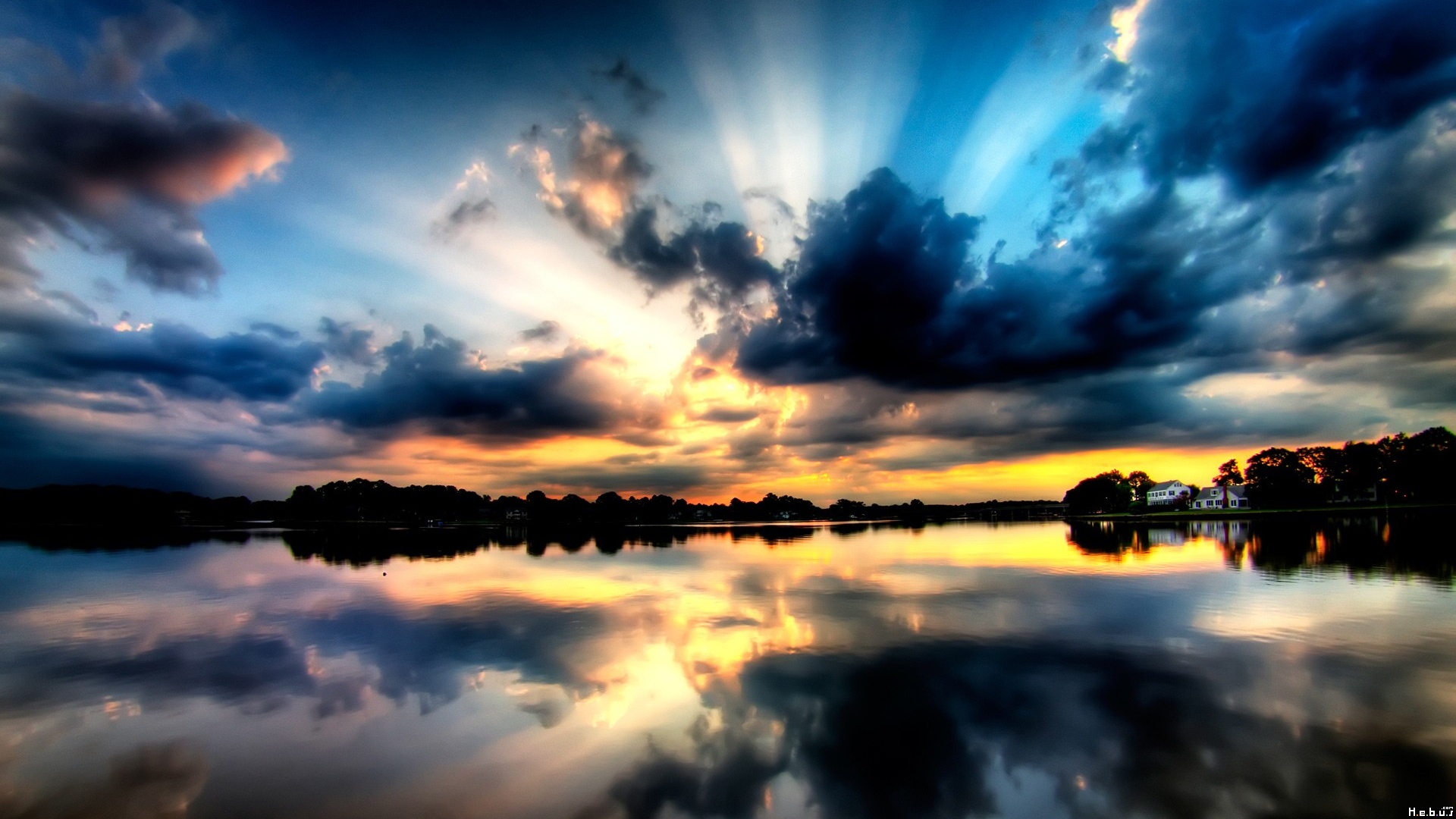earth, cloud, sunset, sky, lake, water, house, tree, reflection