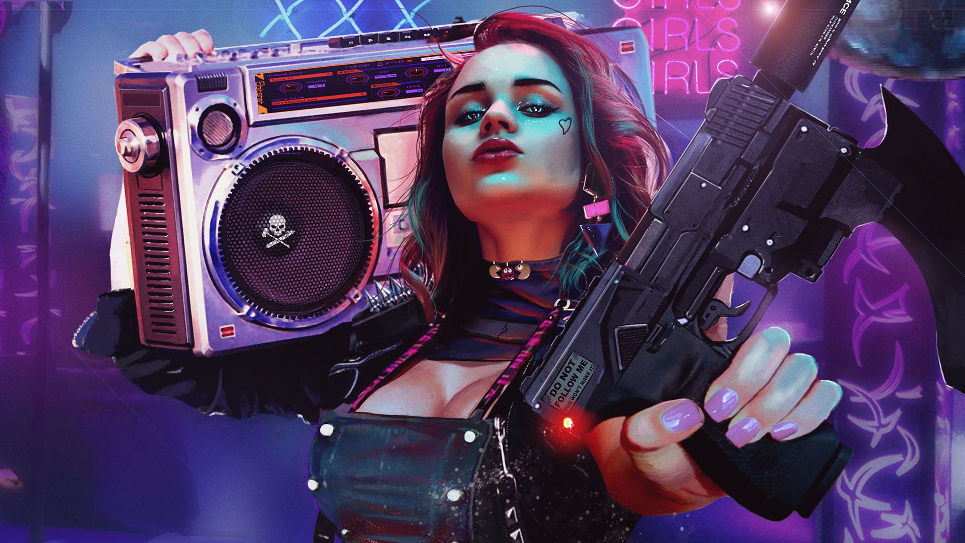 video game, cyberpunk 2077, gun, radio, two toned hair