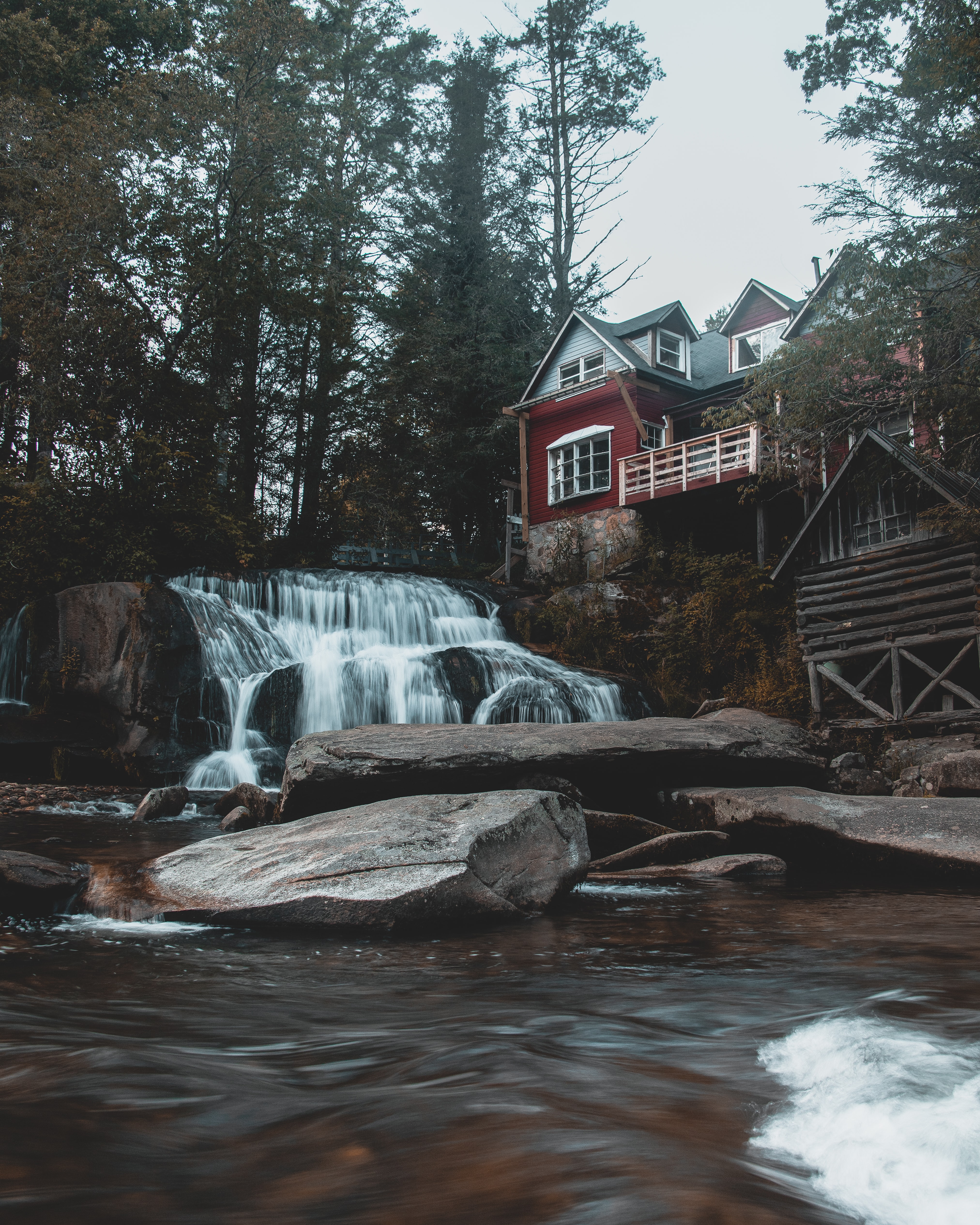 house, nature, building, waterfall, forest