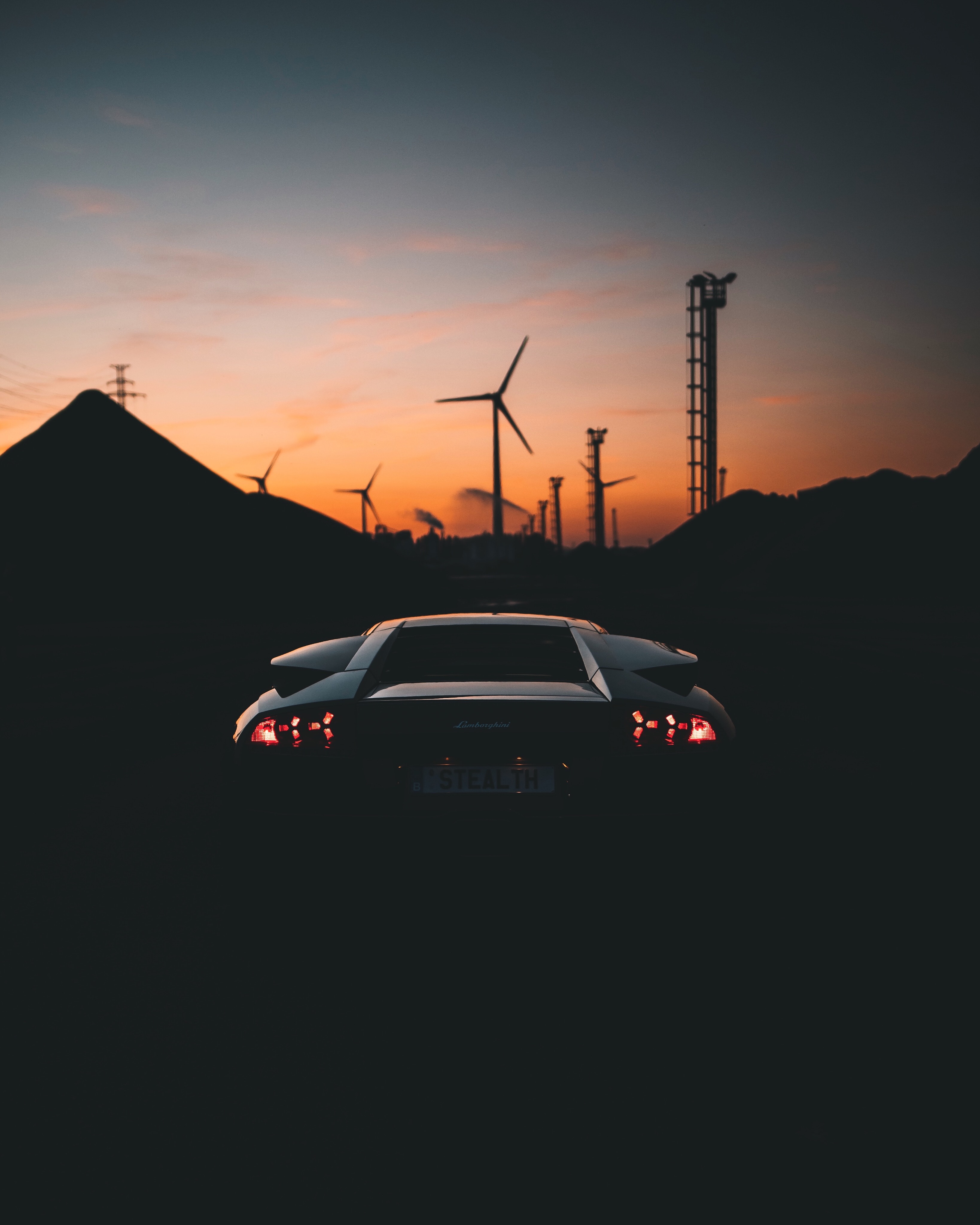 sports car, car, machine, cars, back view, twilight, dark, sports, dusk, rear view phone background