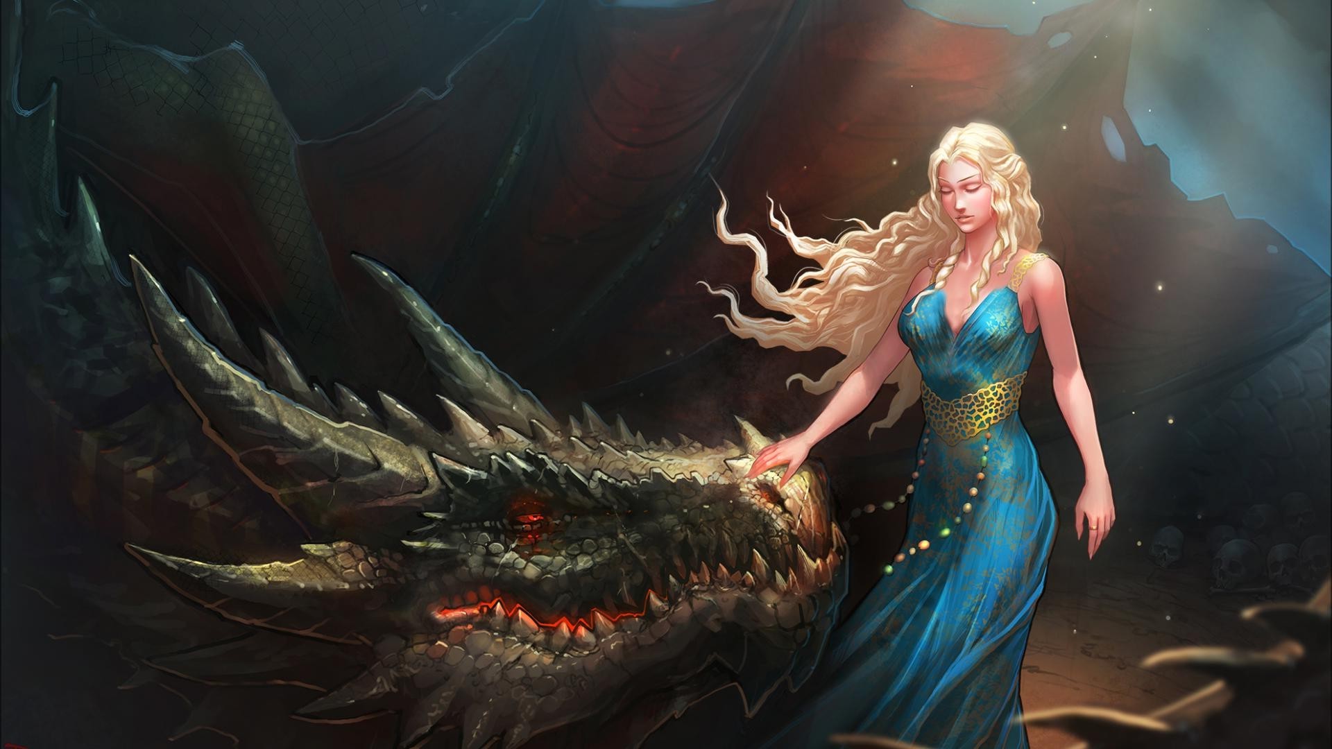 dragon, blonde, cave, blue dress 4K iPhone