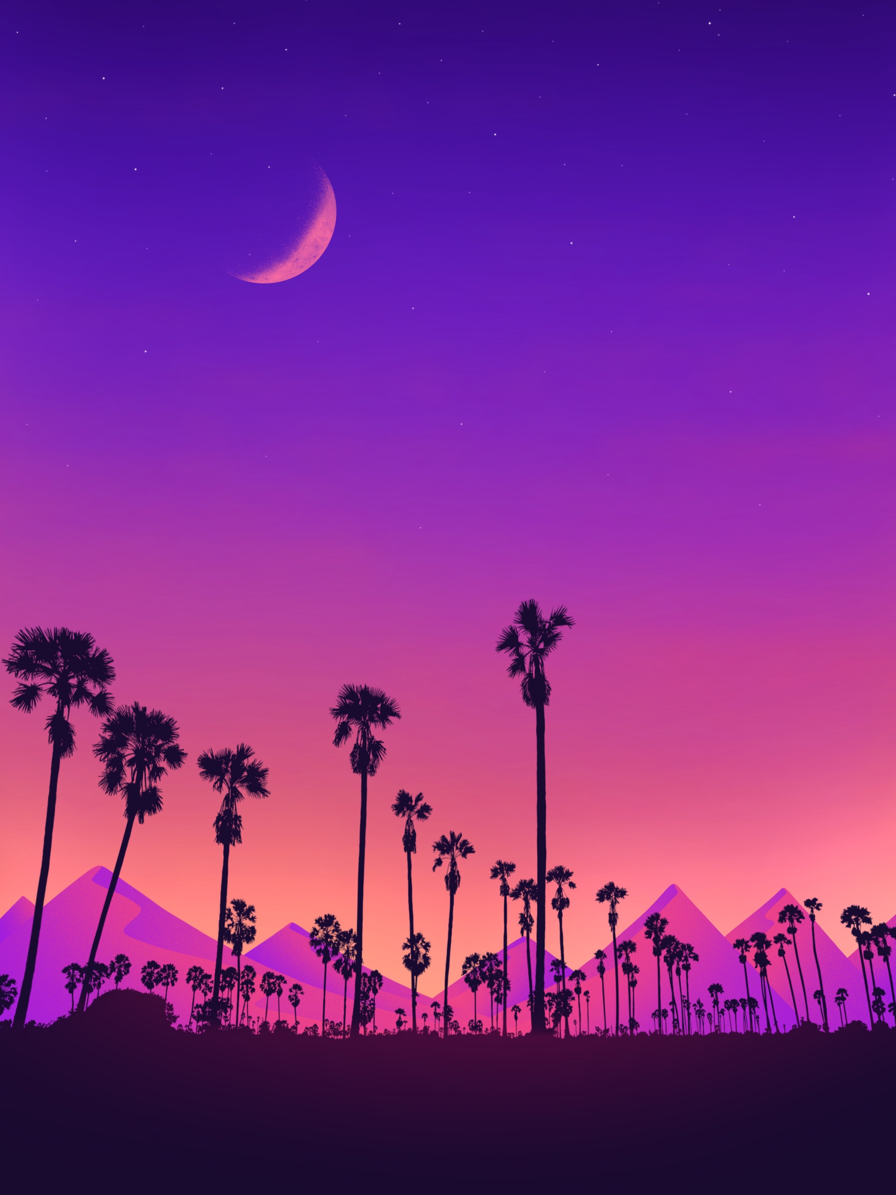 android purple, art, violet, moon, mountains, night, palms