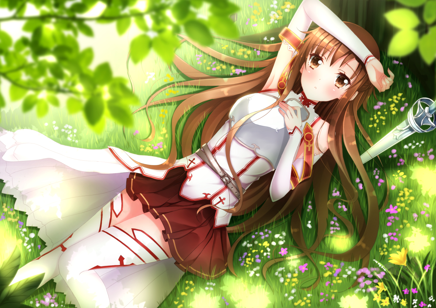 anime, long hair, sword art online, asuna yuuki, brown eyes, brown hair, lying down, skirt wallpaper for mobile