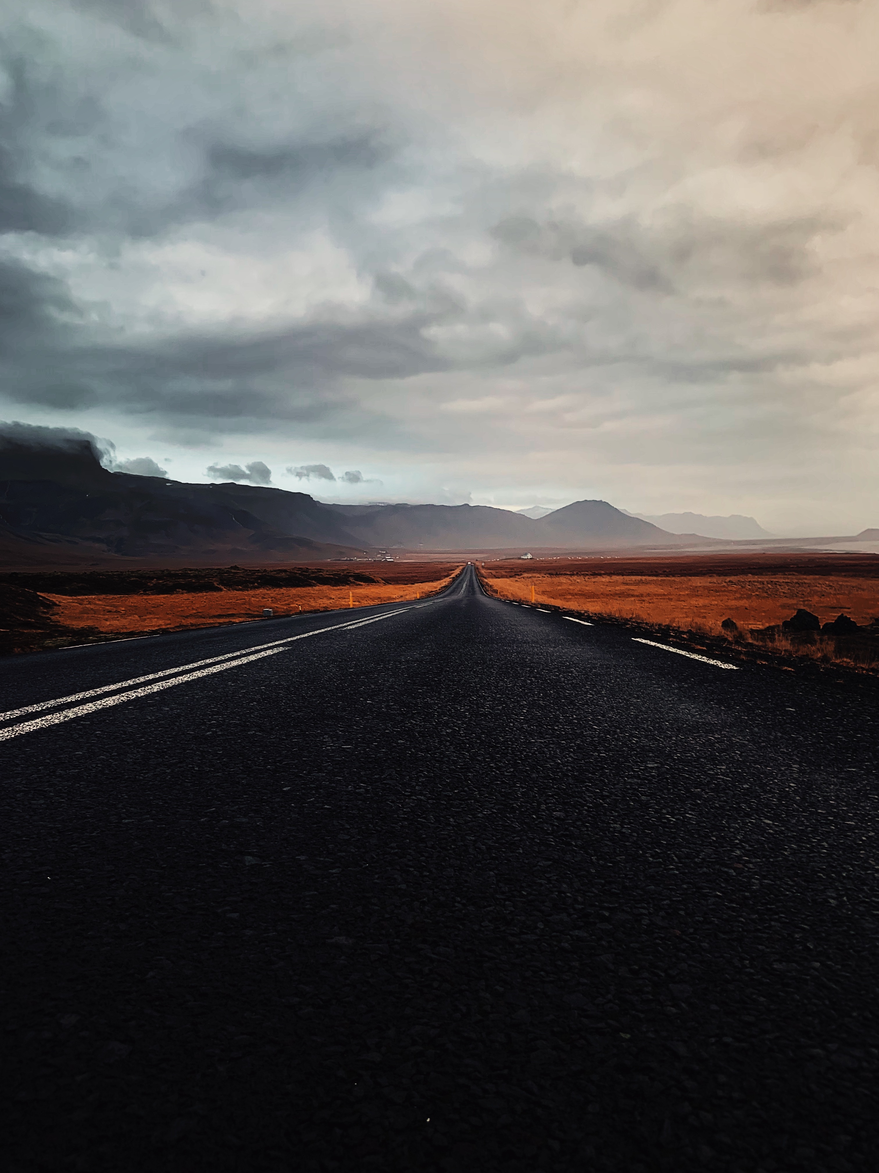 iceland, nature, clouds, asphalt, relief, track, route, highway, north, deserted