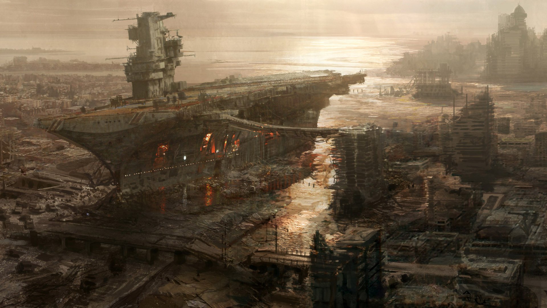 sci fi, video game, fallout 3, city, fallout, rivet city, ship lock screen backgrounds