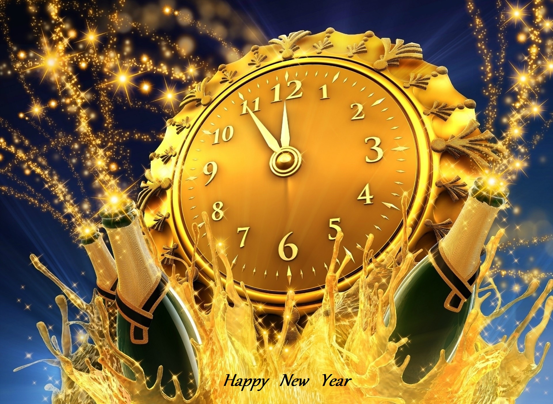 4K, FHD, UHD champagne, happy new year, clock, holiday