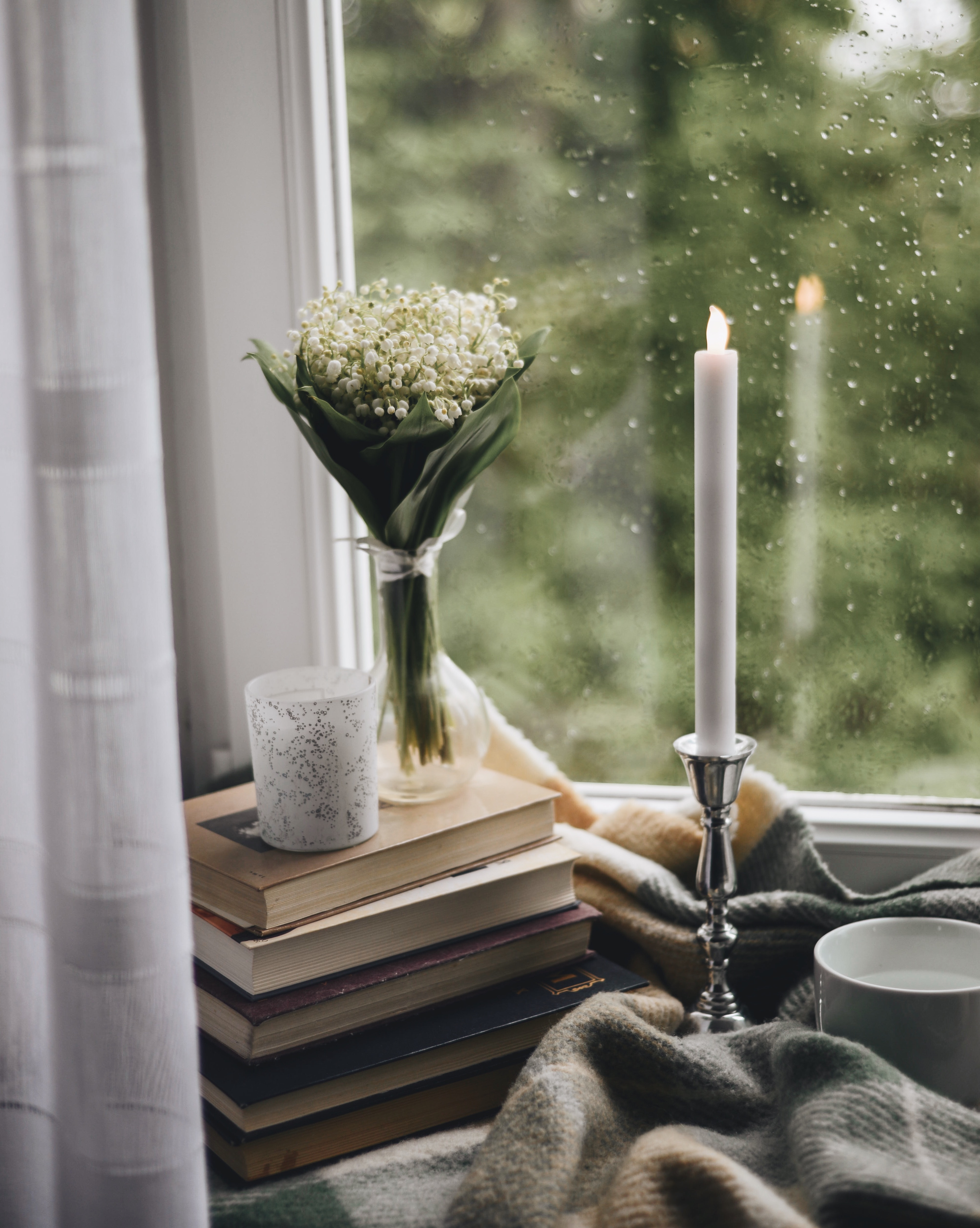 books, rain, miscellanea, miscellaneous, cup, bouquet, window, candle, plaid cell phone wallpapers