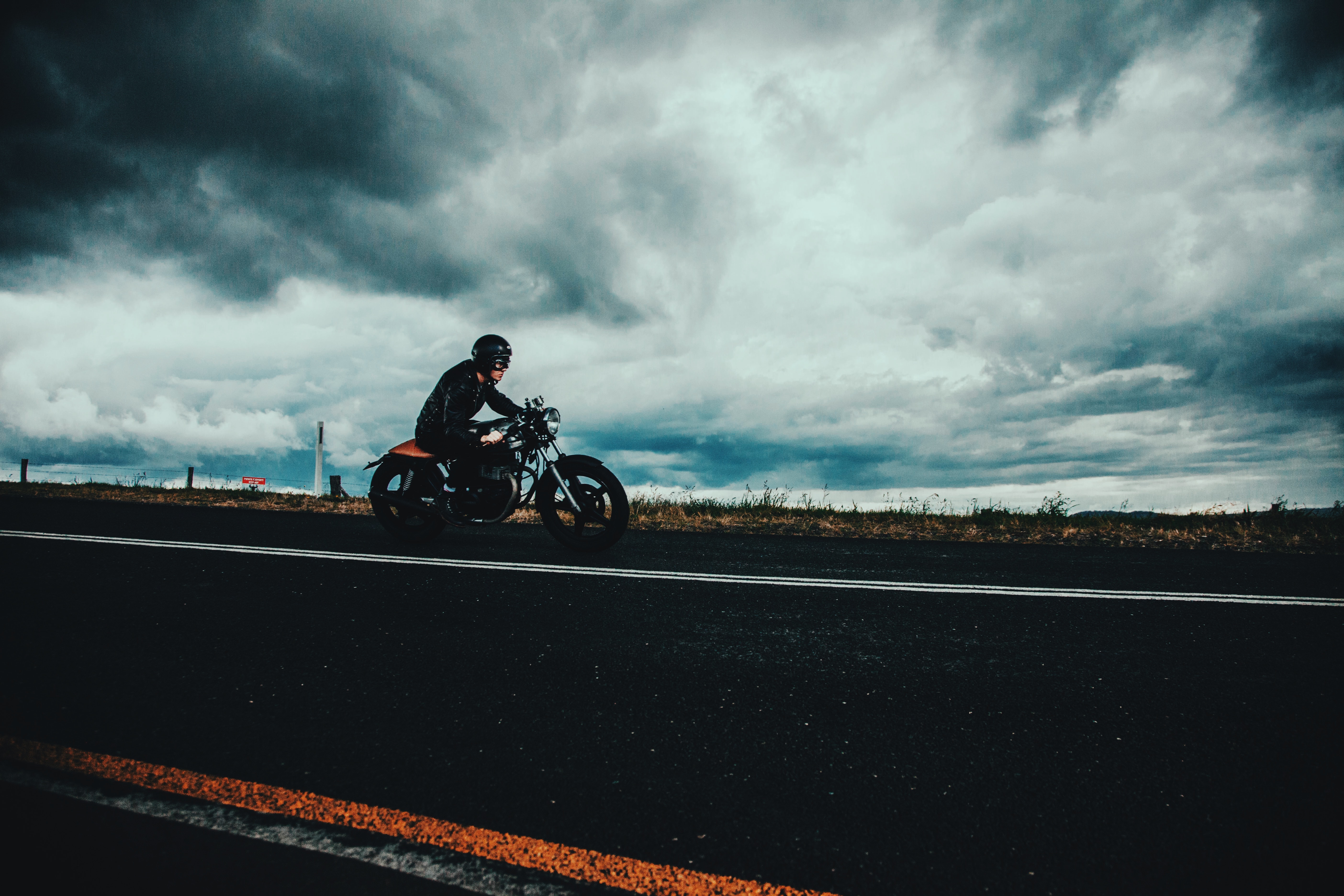 motorcyclist, overcast, motorcycles, road, mainly cloudy, markup, helmet, asphalt, clouds lock screen backgrounds