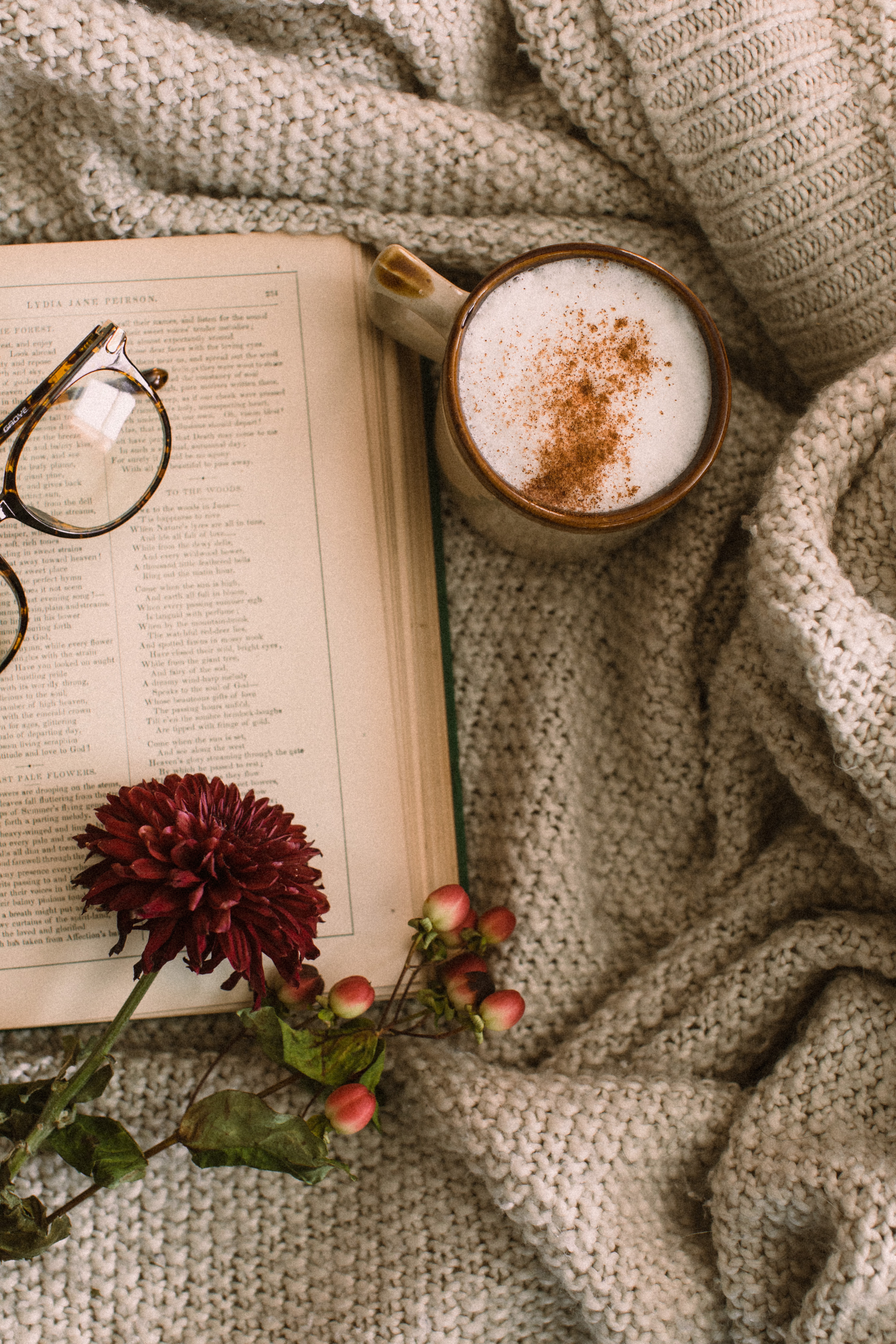 cup, book, food, flowers, coffee, cappuccino, glasses, spectacles, mug