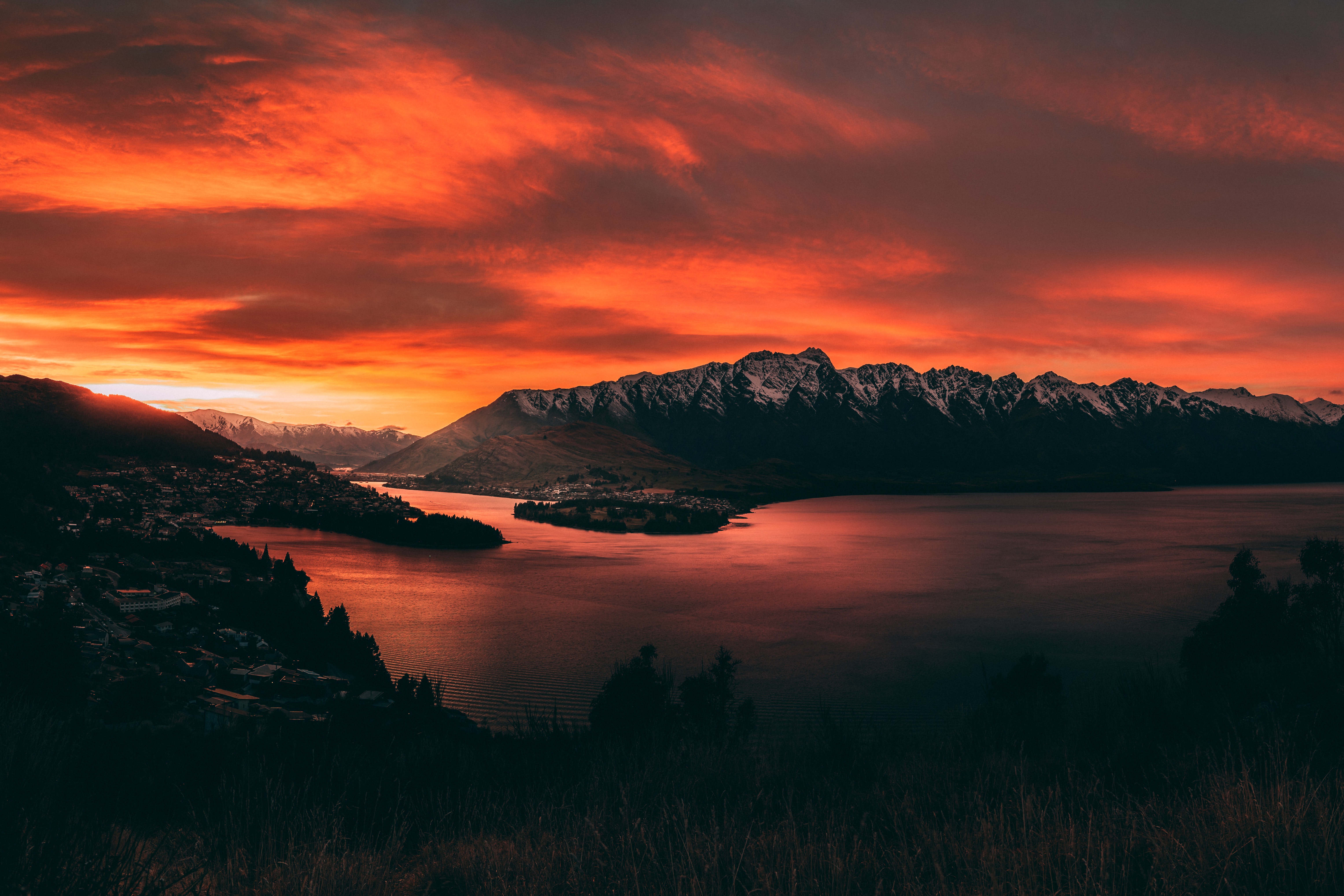 new zealand, sunset, mountains, nature, sky, lake, fiery Aesthetic wallpaper