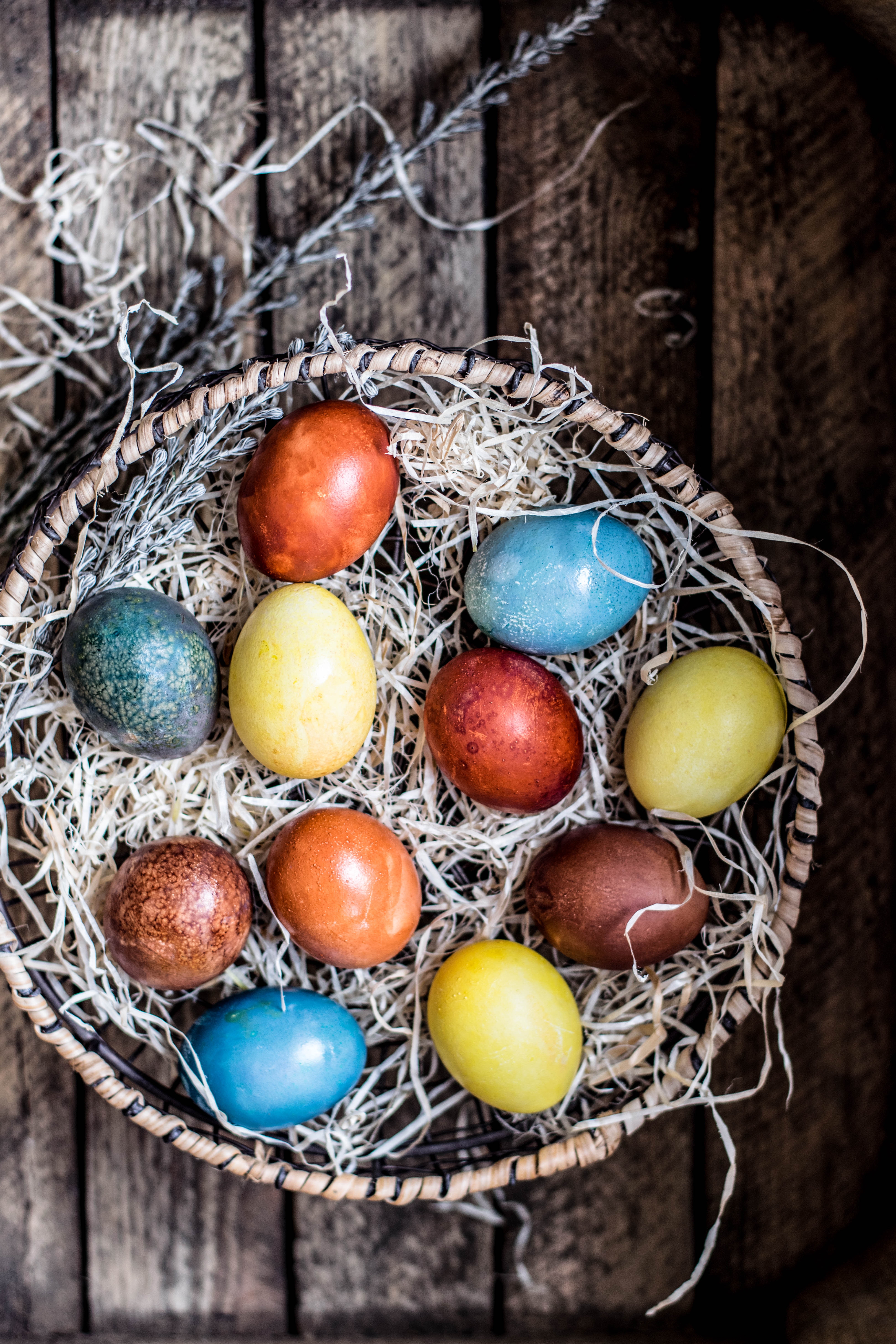 easter, holiday, holidays, eggs, multicolored, basket, painted