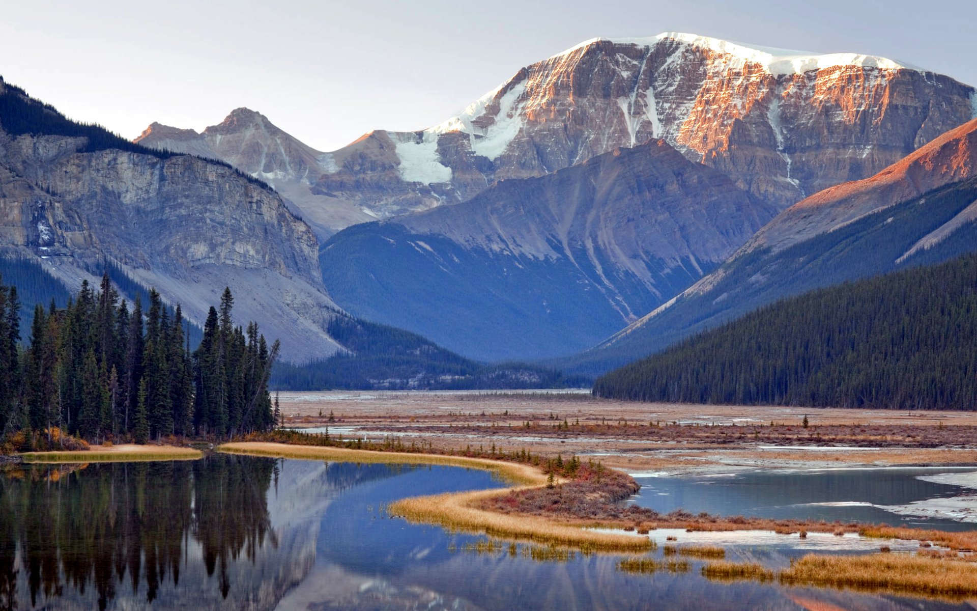 299190 скачать обои земля/природа, гора, альберта, канада, национальный парк джаспер, маунт китченер, река, восход солнца, горы - заставки и картинки бесплатно
