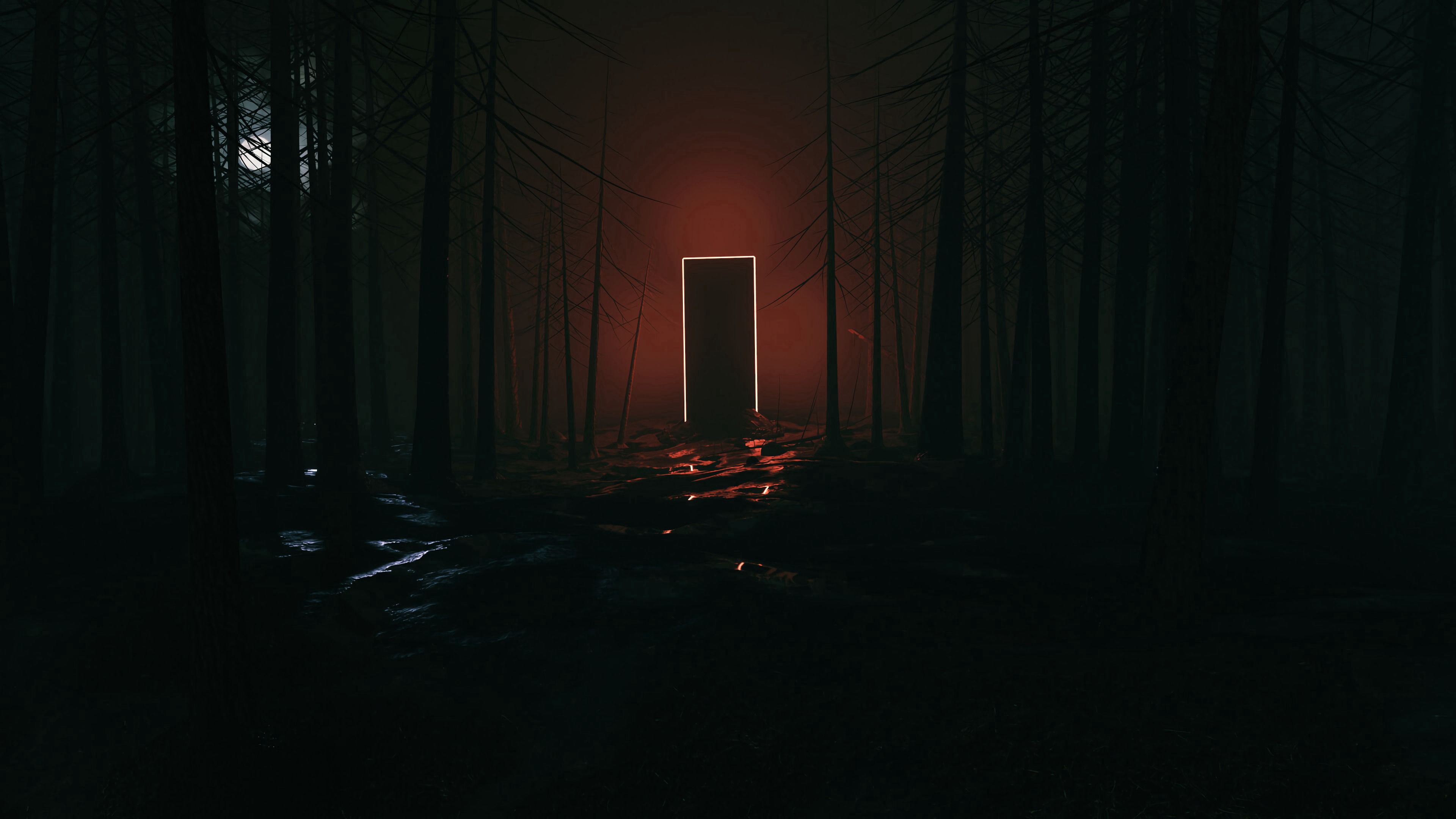 door, art, glow, portal, forest, dark