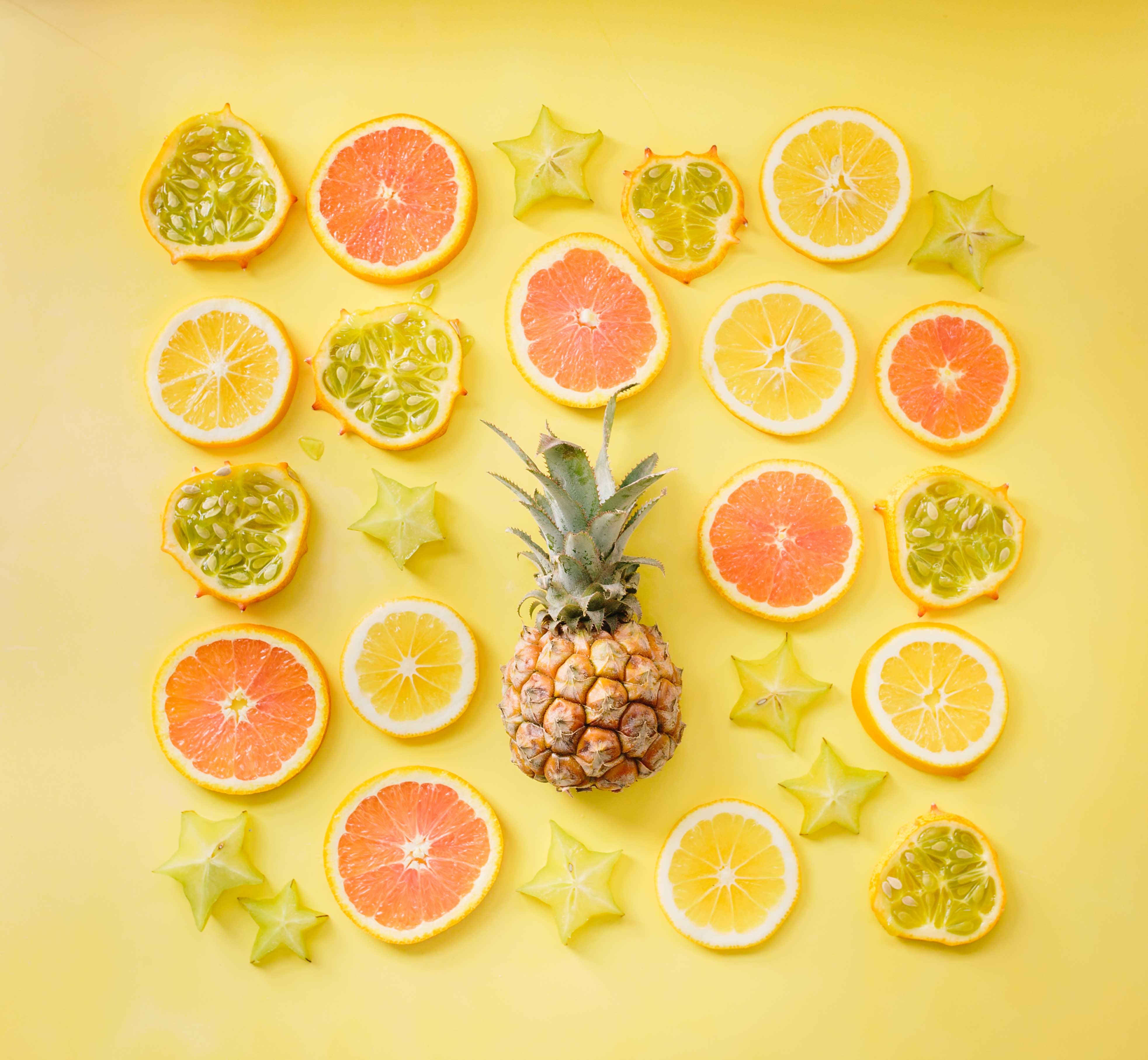 food, fruits, yellow, orange, lemon, citrus, citruses, pineapple 4K
