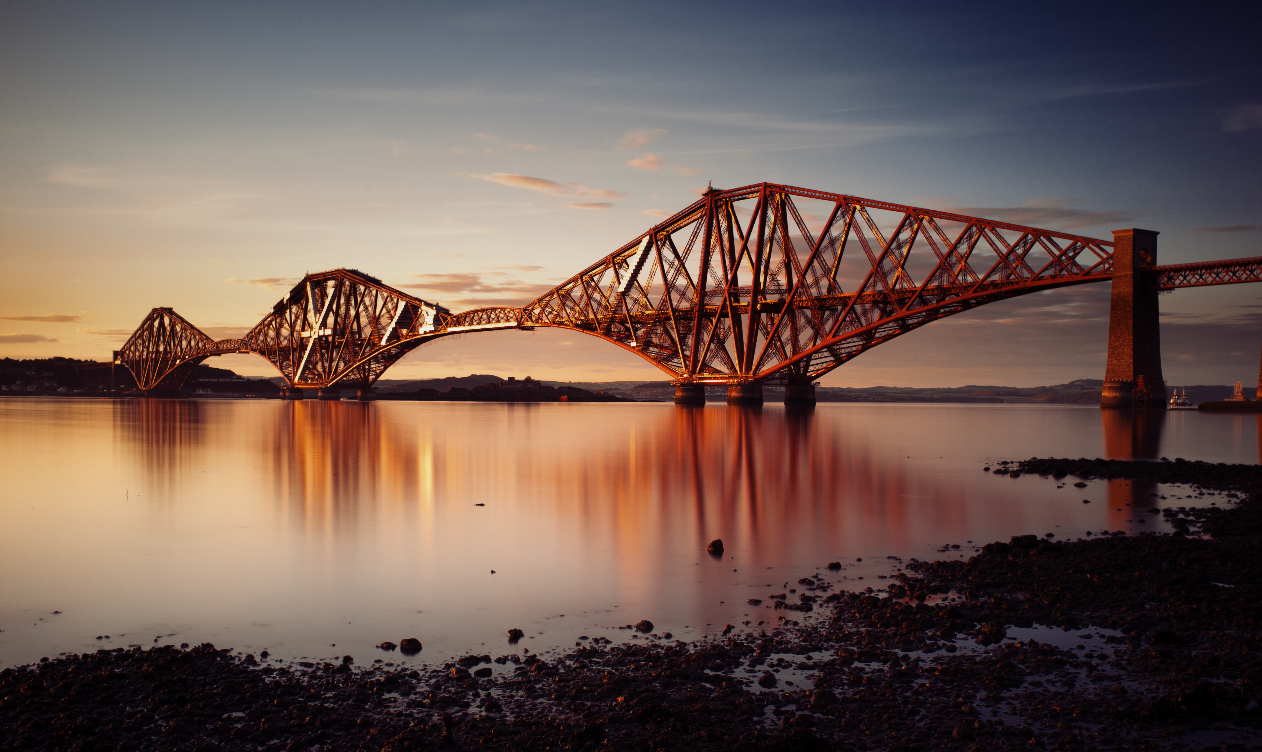 Smartphone Background scotland, sunset, forth bridge, railroad bridge