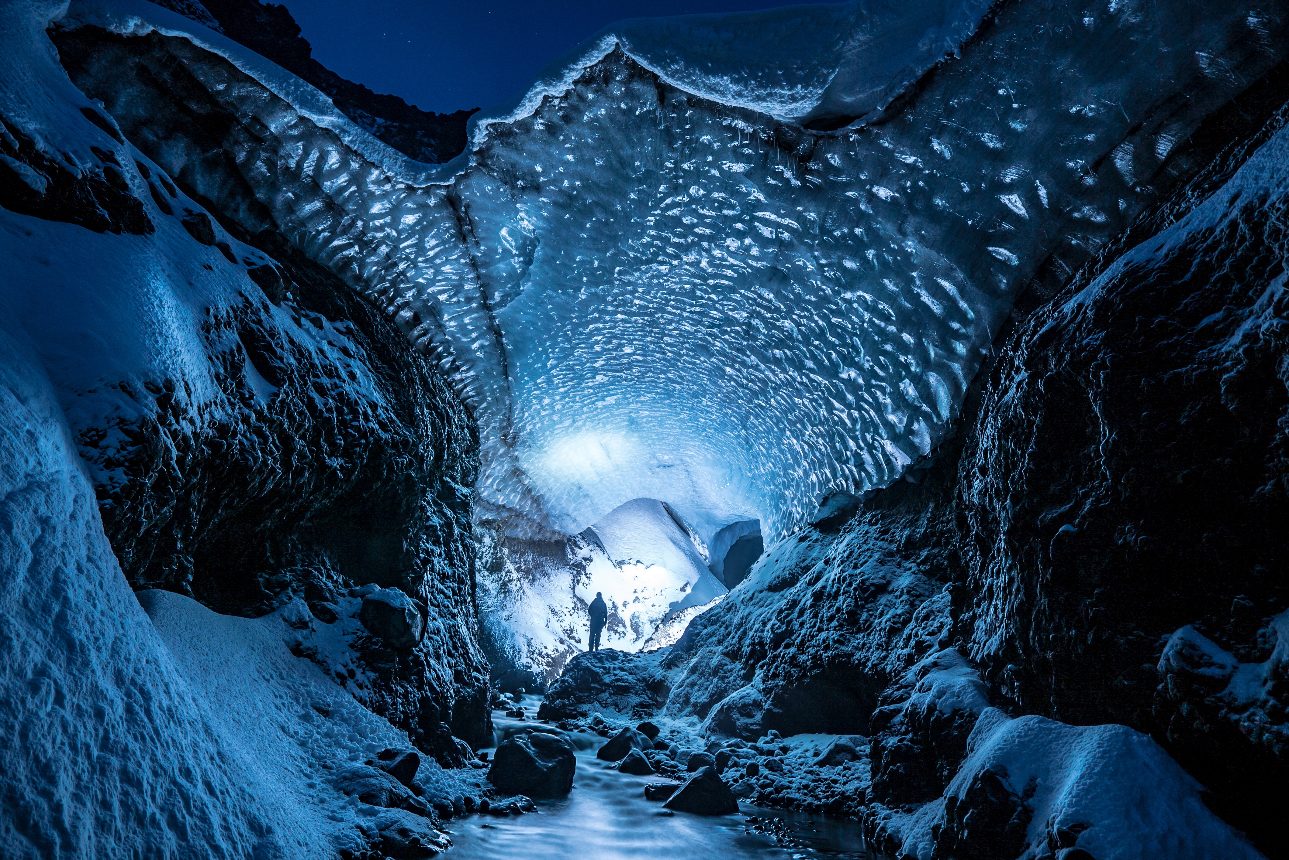 glacier, human, nature, ice, snow, person, cave Free Stock Photo