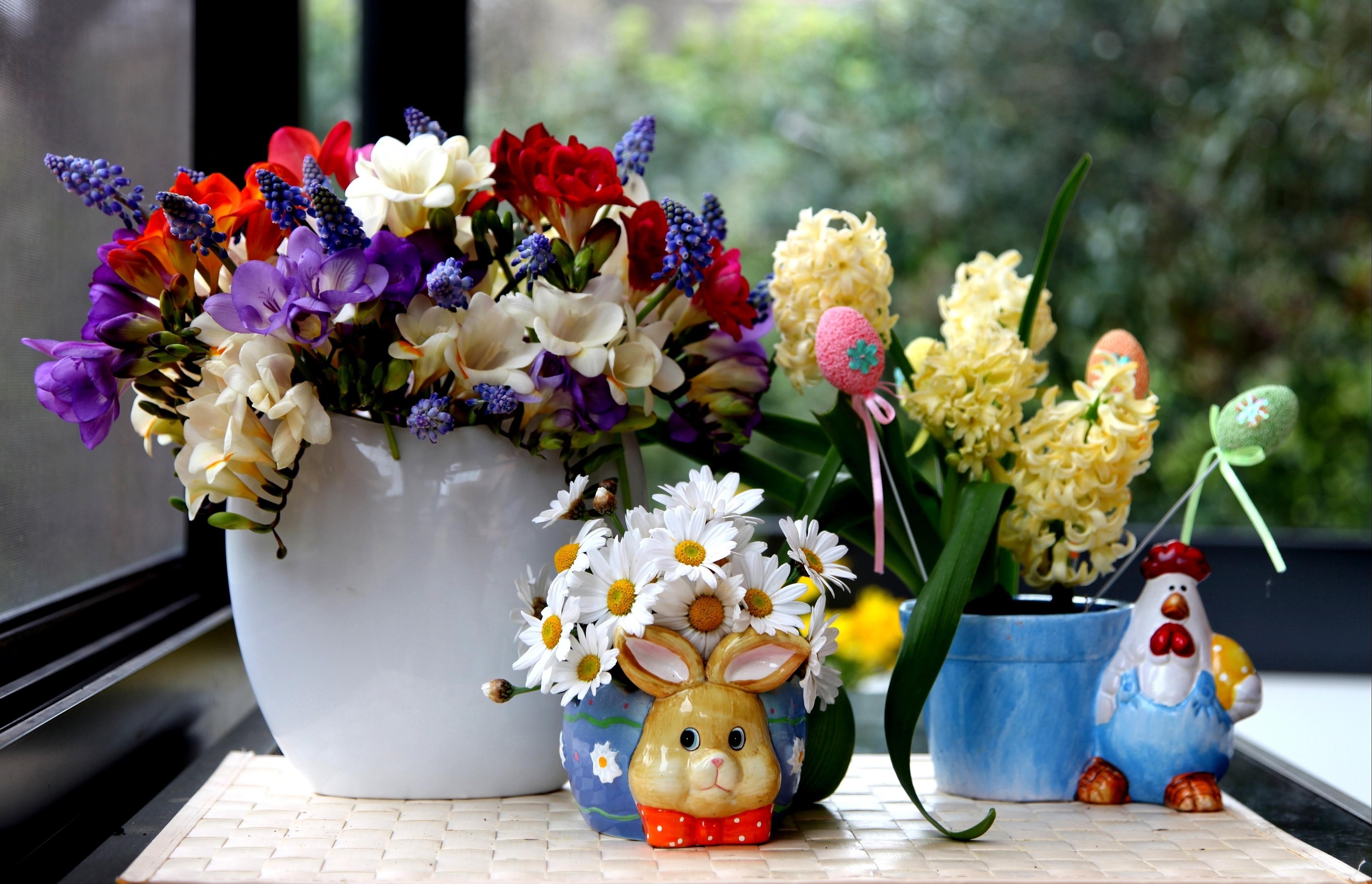 bouquets, flowers, camomile, beauty, hyacinths, freesia, muscari, muskari