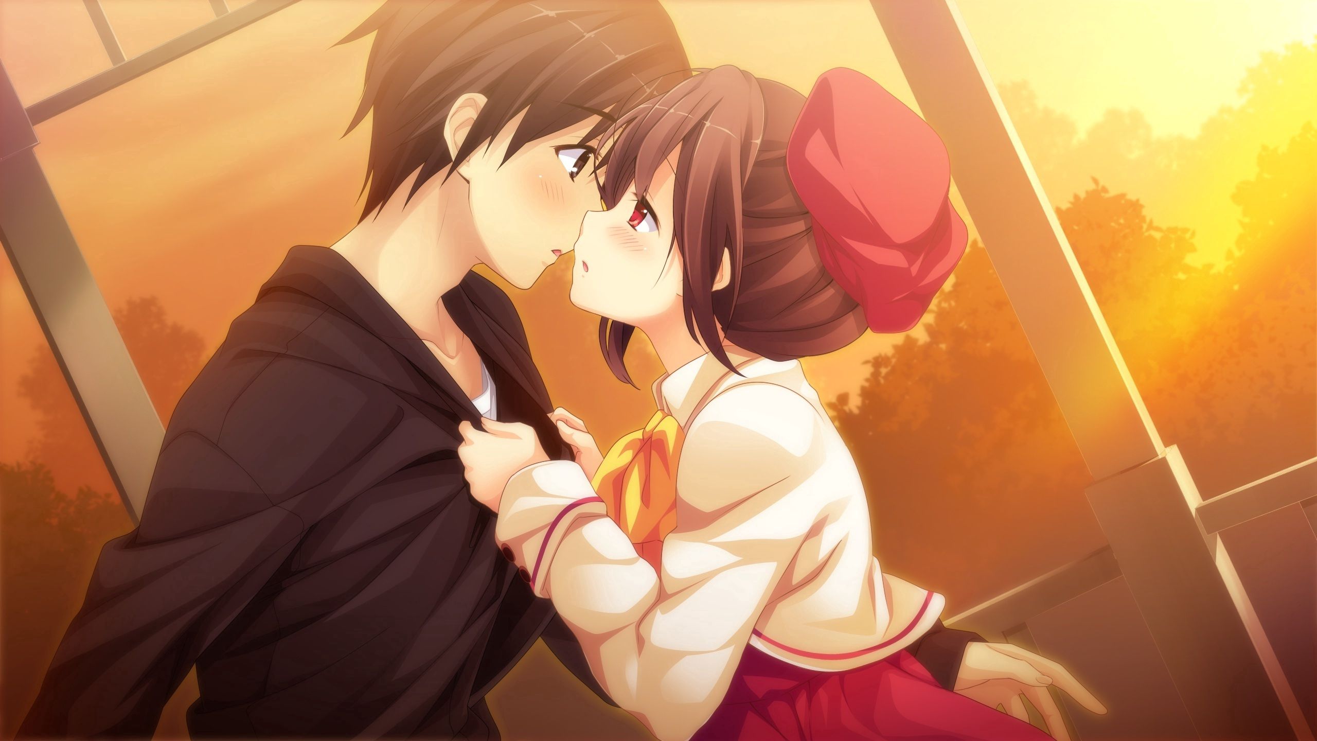 kiss, couple, pair, guy, girl, anime, sunset, art HD wallpaper
