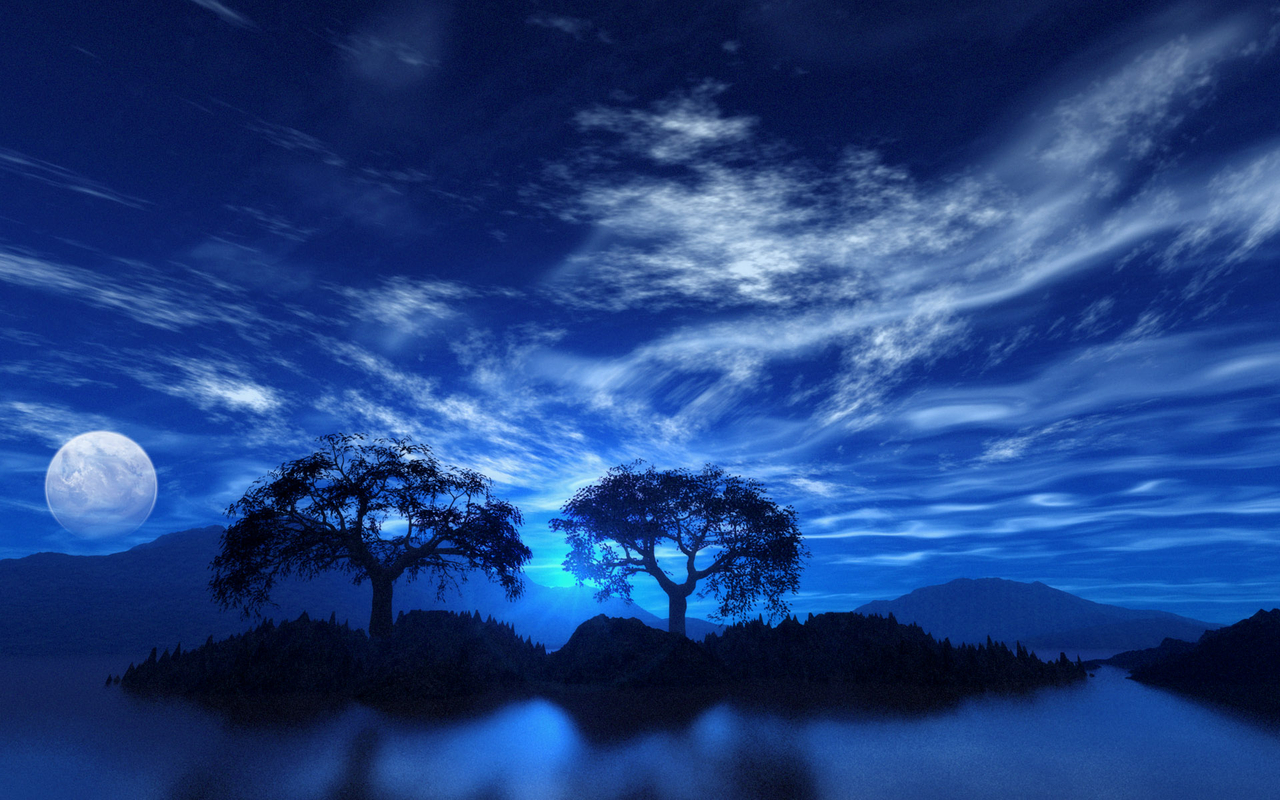 blue, sky, earth, scenic, fog, moon, tree