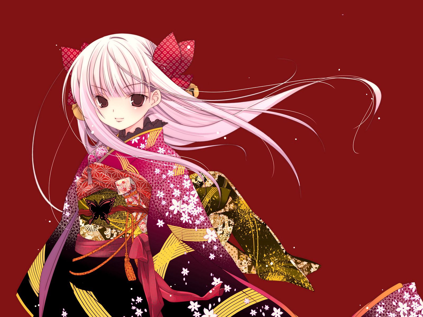 106903 Bild herunterladen anime, mädchen, hintergrund, bogen, blond, kimono - Hintergrundbilder und Bildschirmschoner kostenlos
