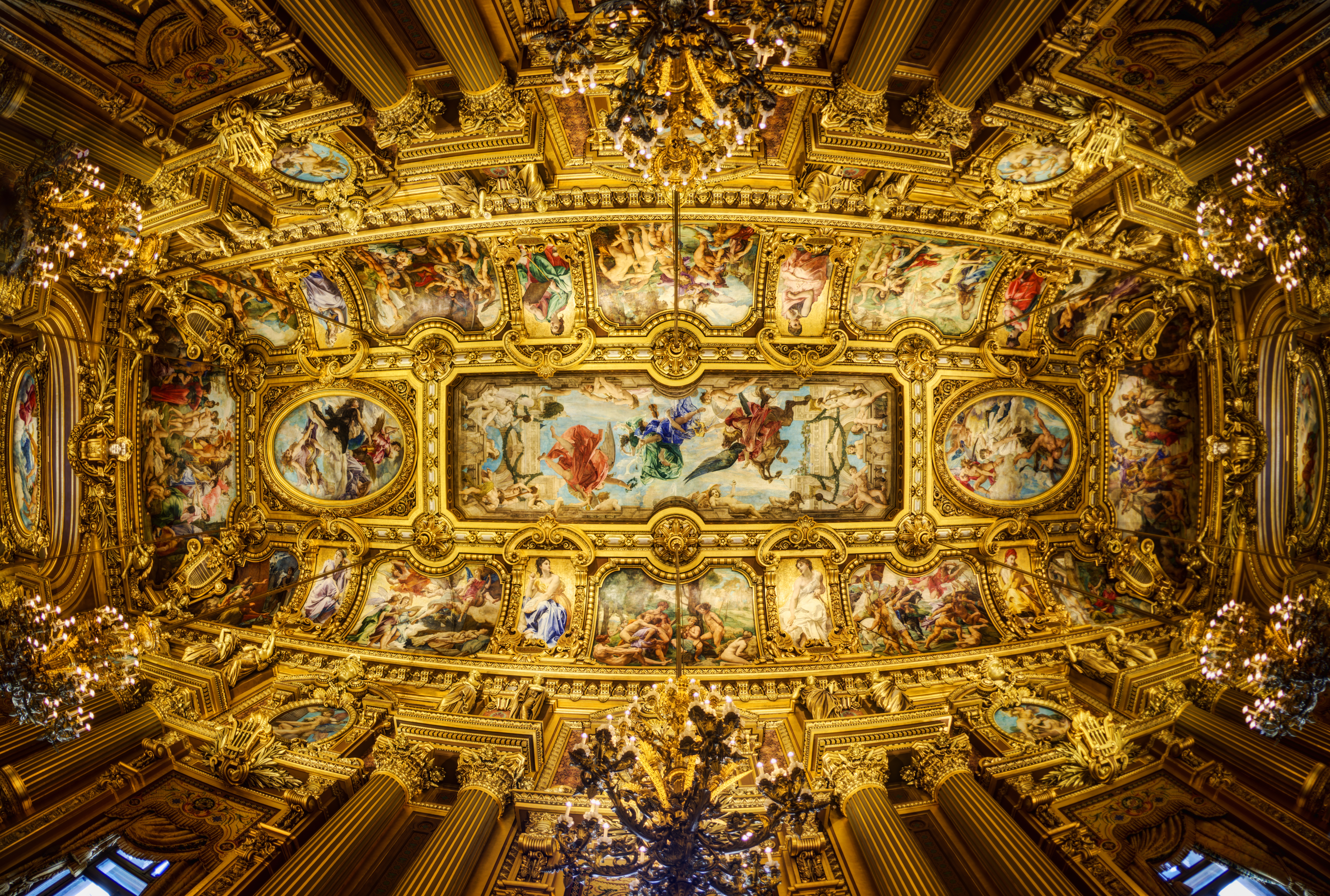 man made, ceiling, interior, chandelier, palais garnier, columns, painting, sculpture, paris lock screen backgrounds