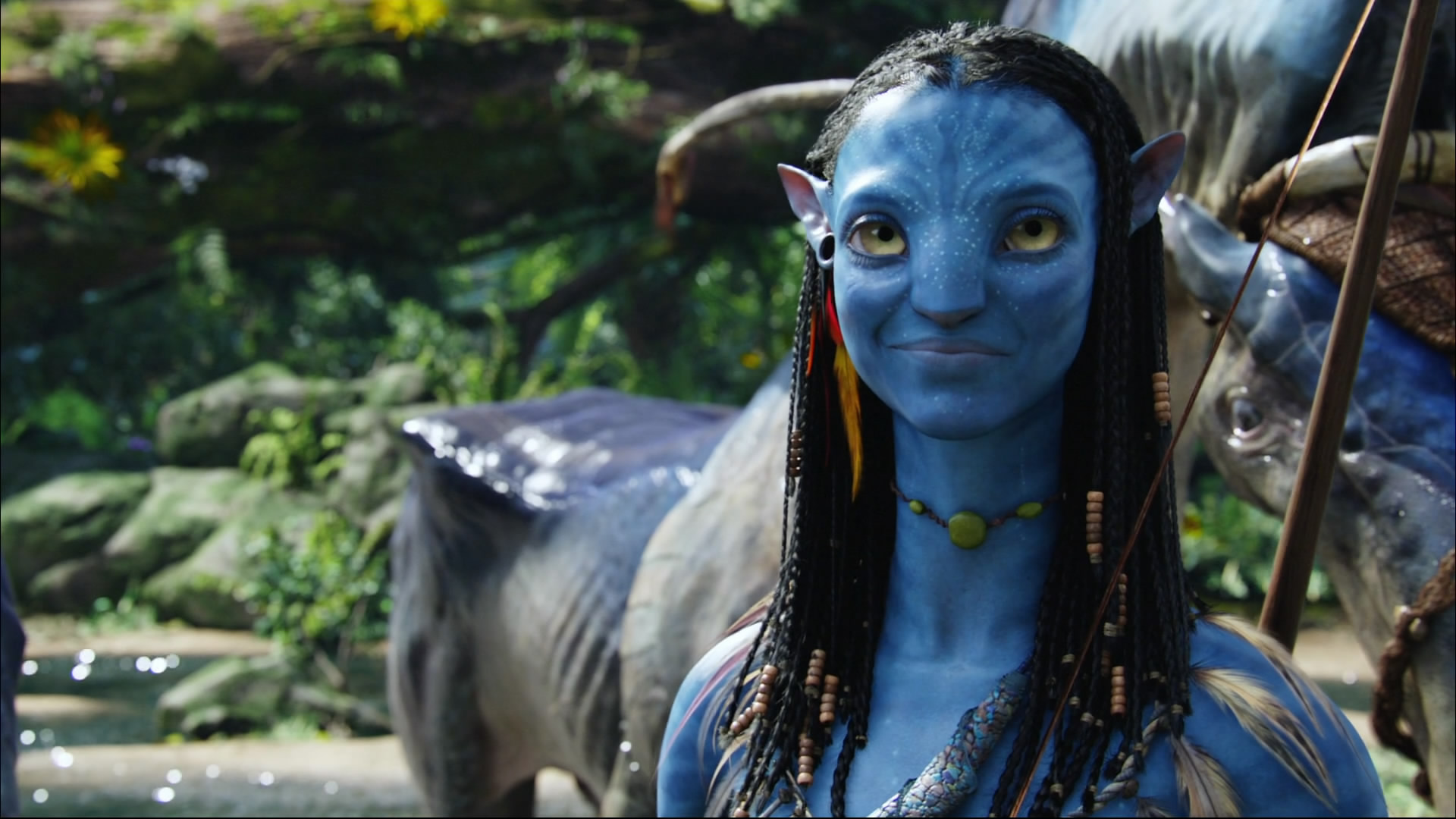 HD wallpaper movie, long hair, neytiri (avatar), smile, bow, avatar, pointed ears, necklace, yellow eyes, weapon, nature, black hair