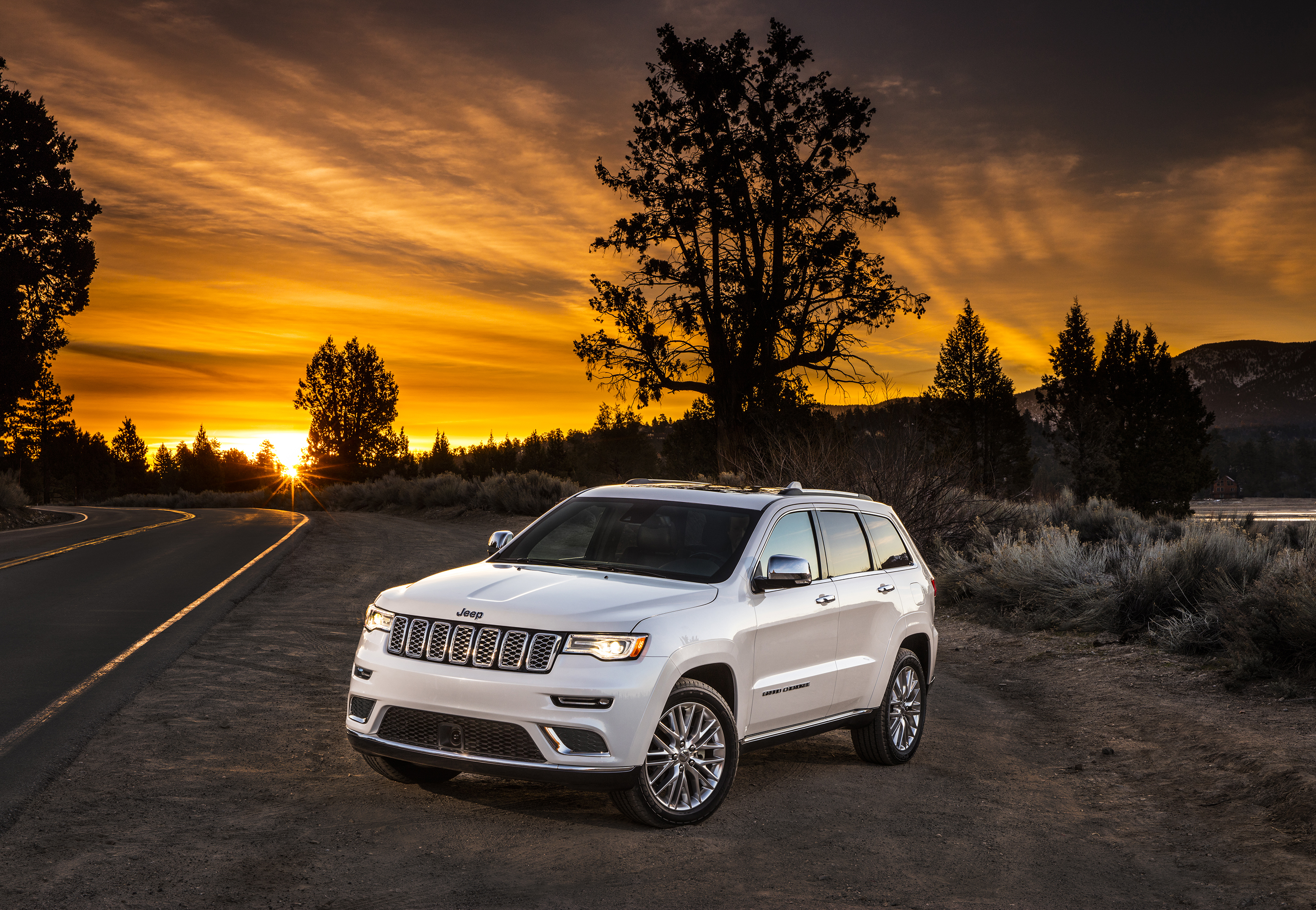 vehicles, jeep grand cherokee, car, jeep, sunrise, sunset, suv, white car Full HD