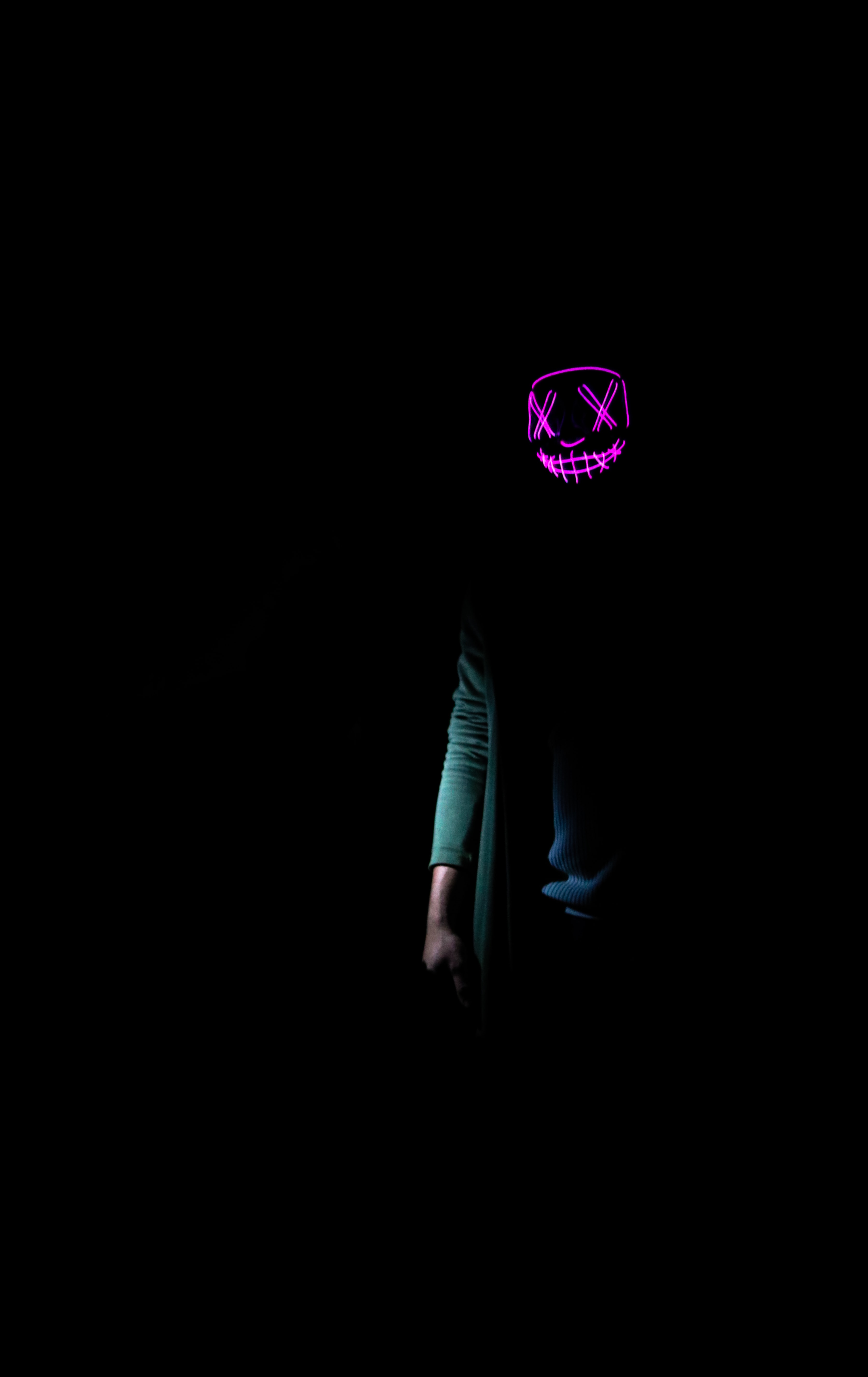 neon, violet, black, darkness, mask, purple, human, person HD wallpaper
