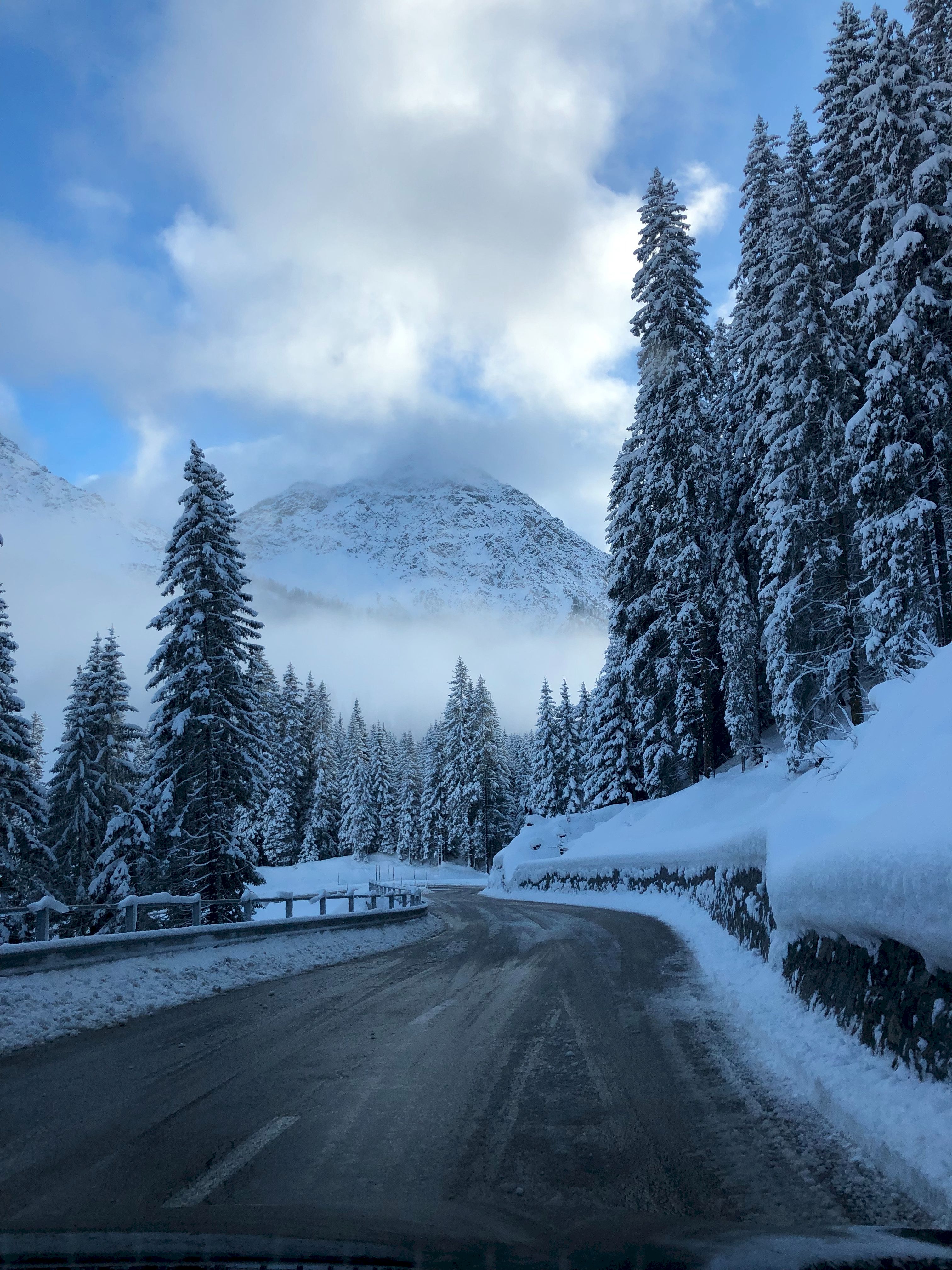 snow, road, winter, nature, trees, mountains, turn QHD