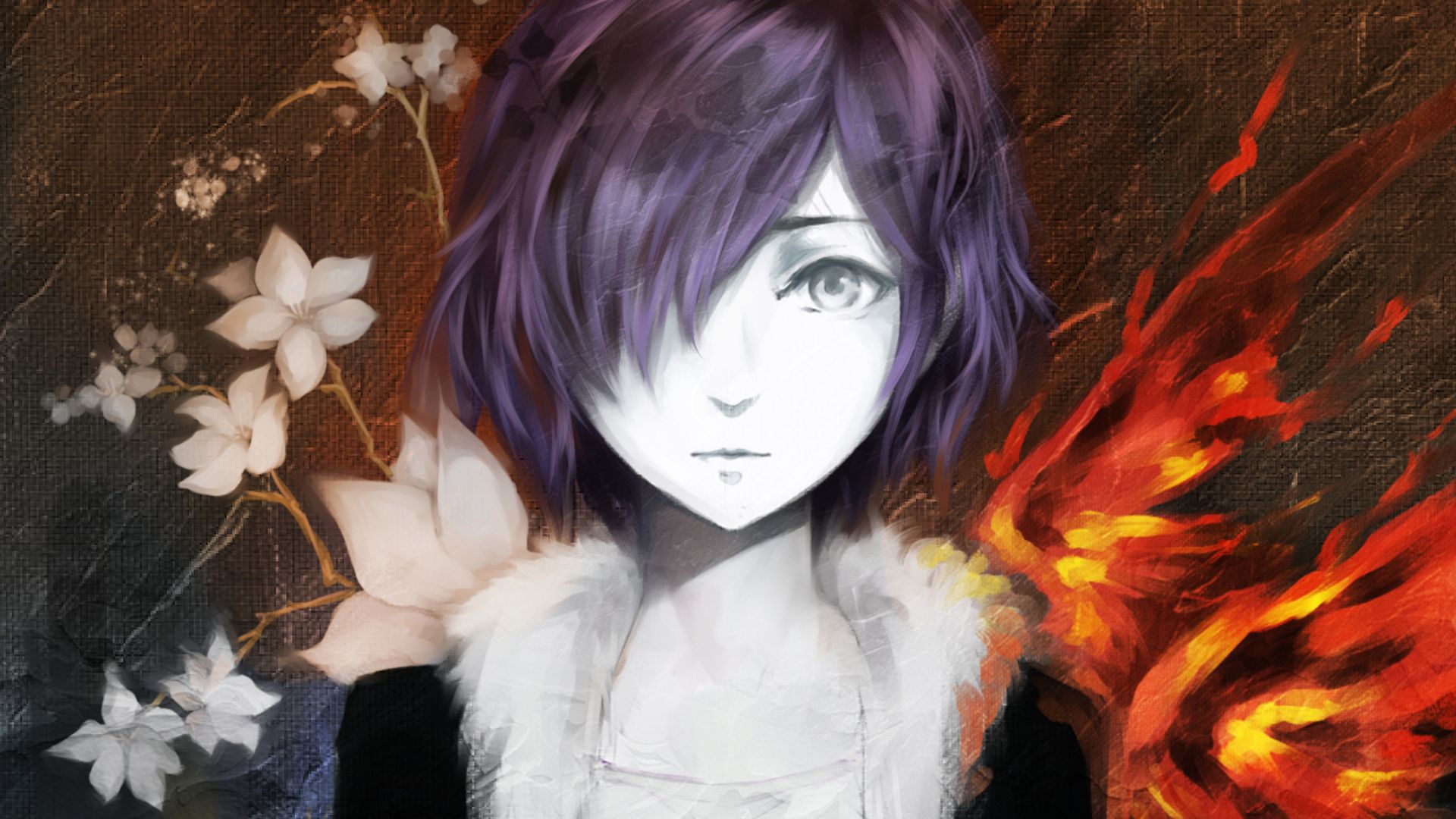 tokyo ghoul, anime, flower, grey eyes, kagune (tokyo ghoul), purple hair, short hair, touka kirishima