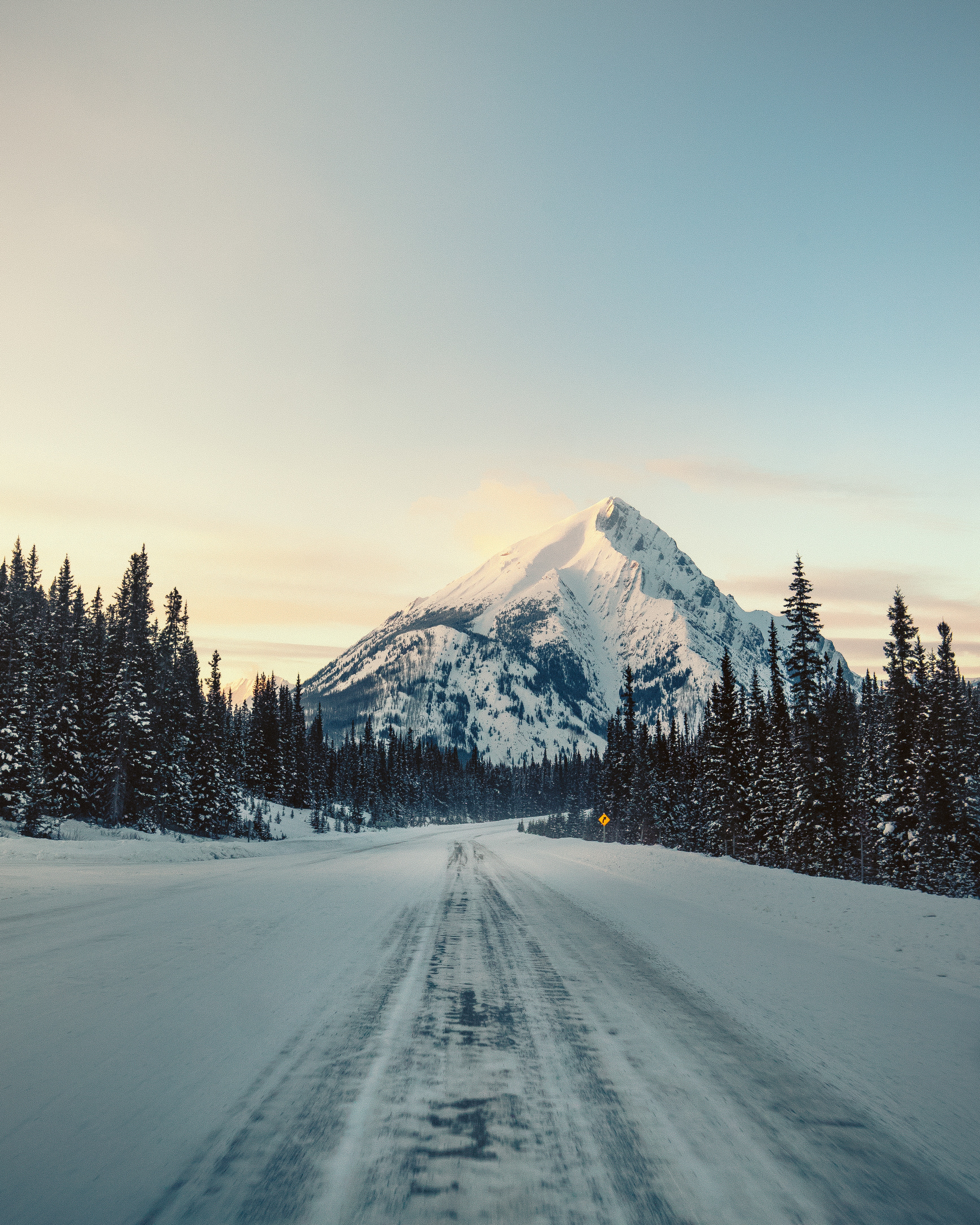 snow, road, landscape, winter, nature, trees, mountain HD wallpaper