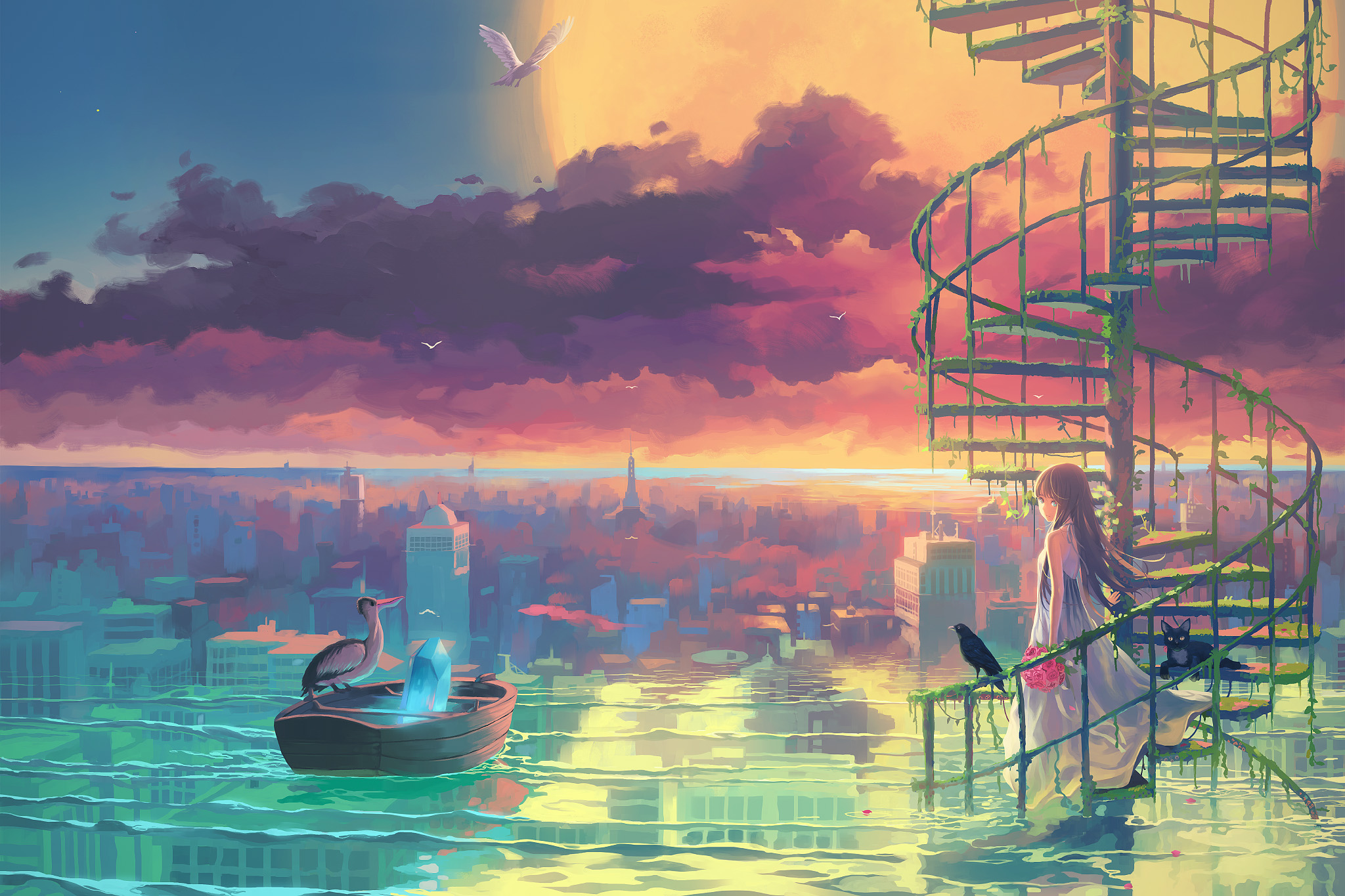 anime, original, bird, boat, cat, city, cloud, crystal, scenic, spiral staircase, white dress 8K