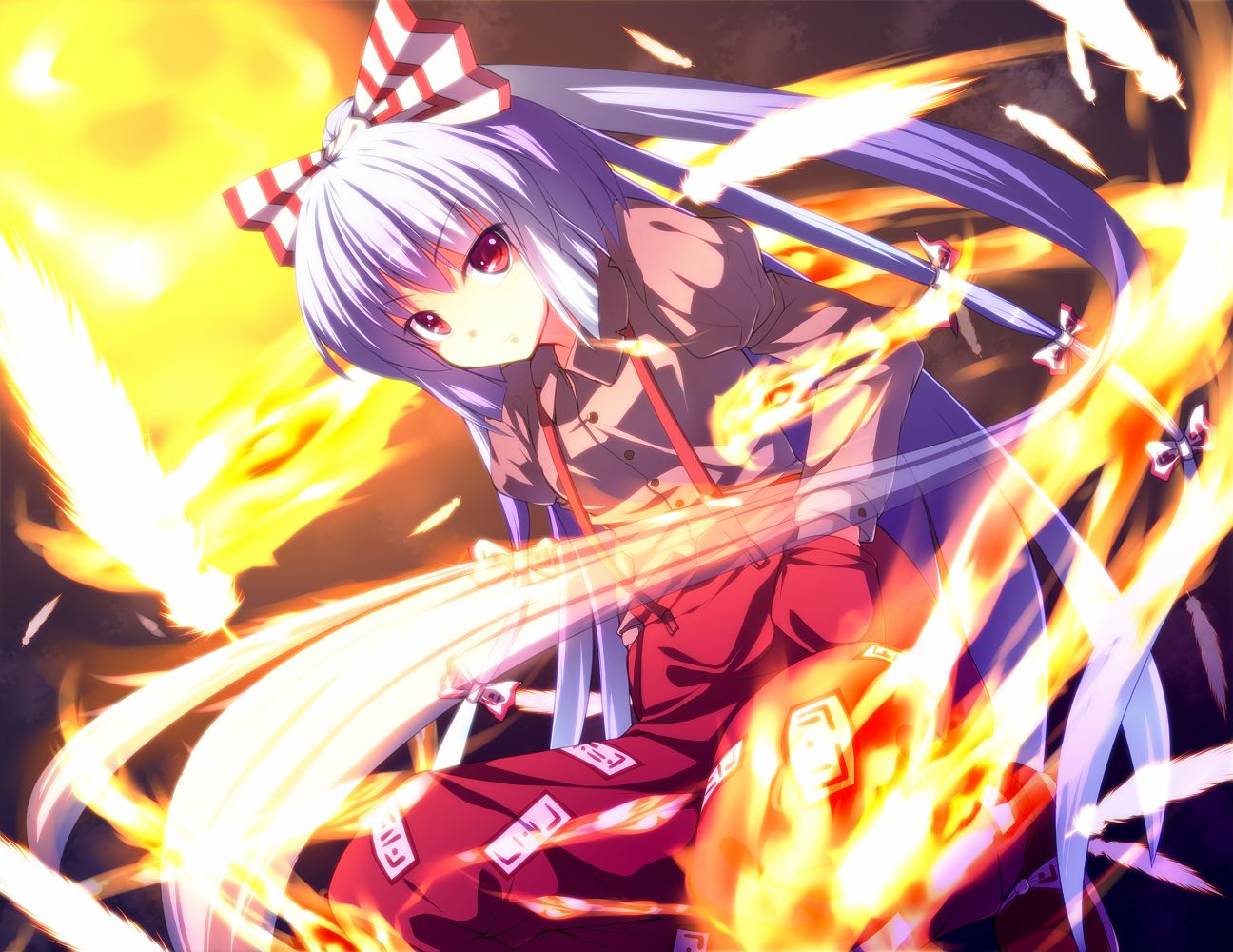 fujiwara no mokou, fire, anime, touhou, feather, flame, red, shrine maiden Full HD