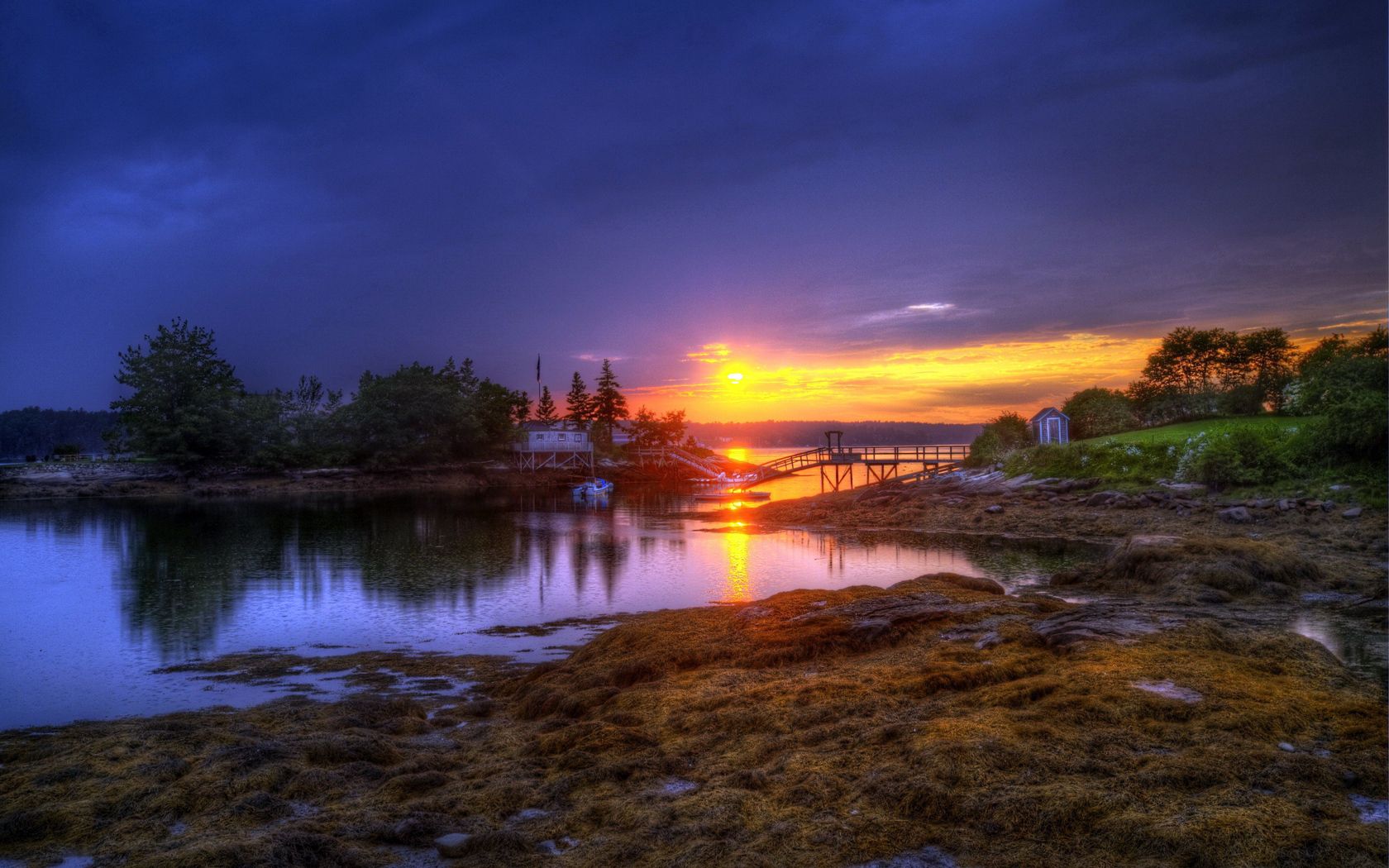 colors, nature, sunset, boats, lake, bank, shore, bridge, color, evening, rocky, stony Phone Background
