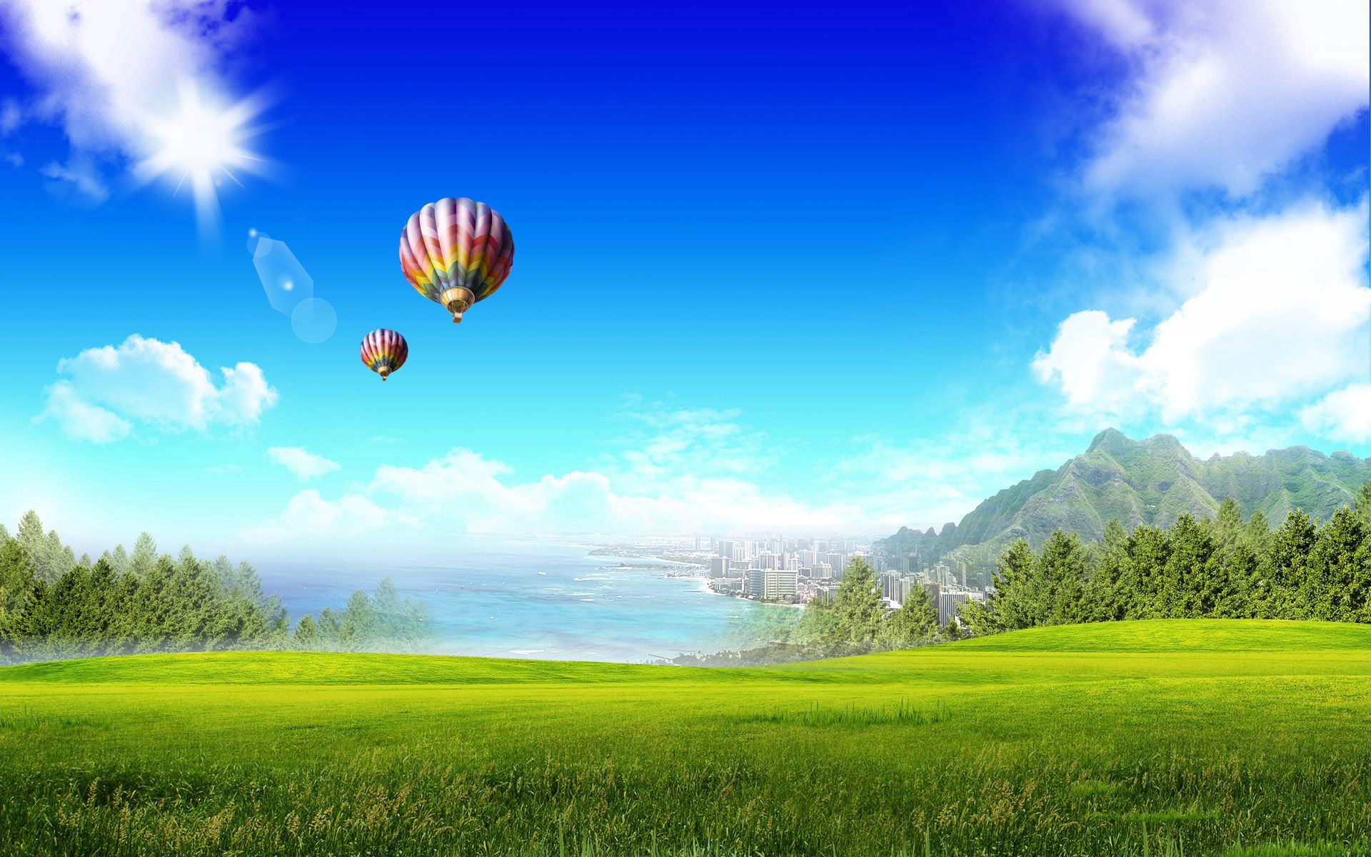 city, fantasy, forest, balloons Free HD pic