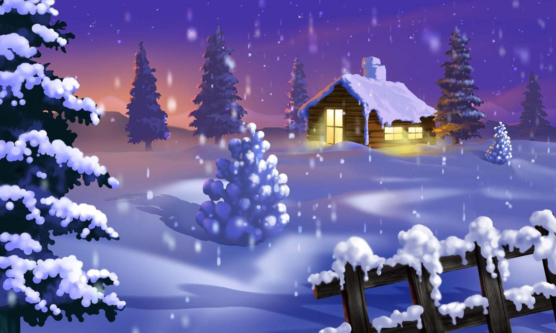 120747 download wallpaper holiday, holidays, new year, night, fir-trees, shine, light, house screensavers and pictures for free