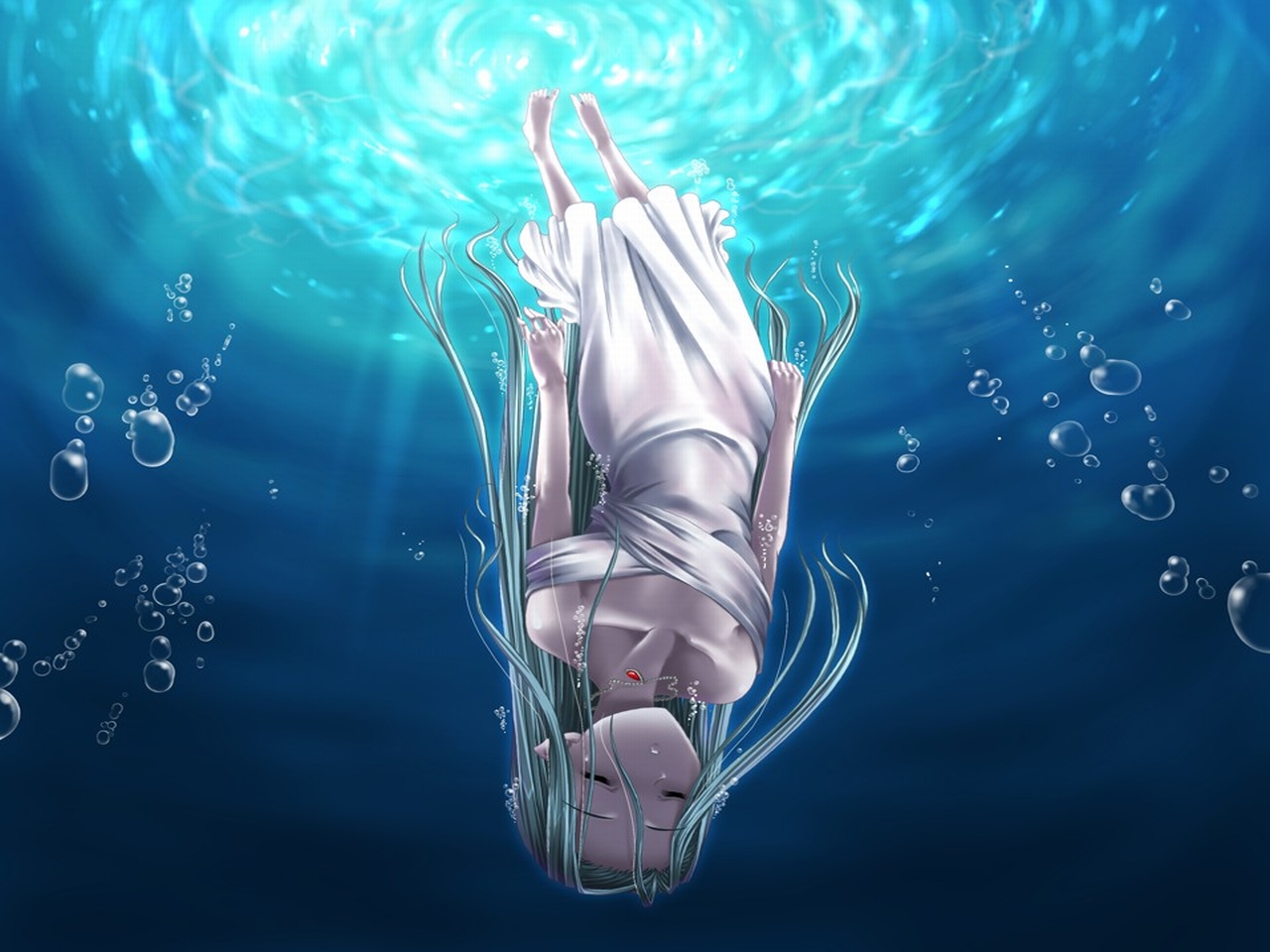 anime, girl, bubble, underwater, upside down