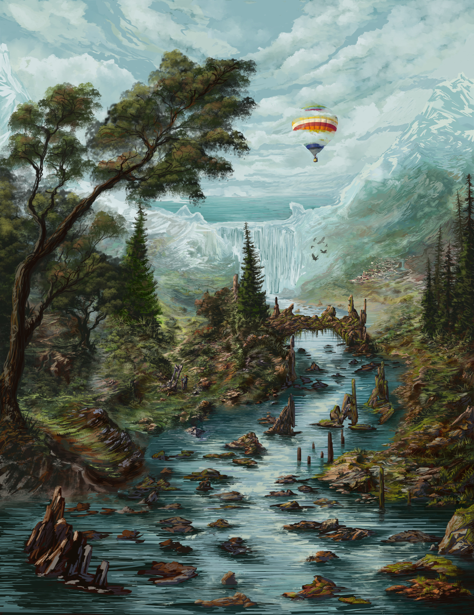 Laden Sie das Landschaft, Kunst, Wasserfall, Luftballon, Ballon-Bild kostenlos auf Ihren PC-Desktop herunter