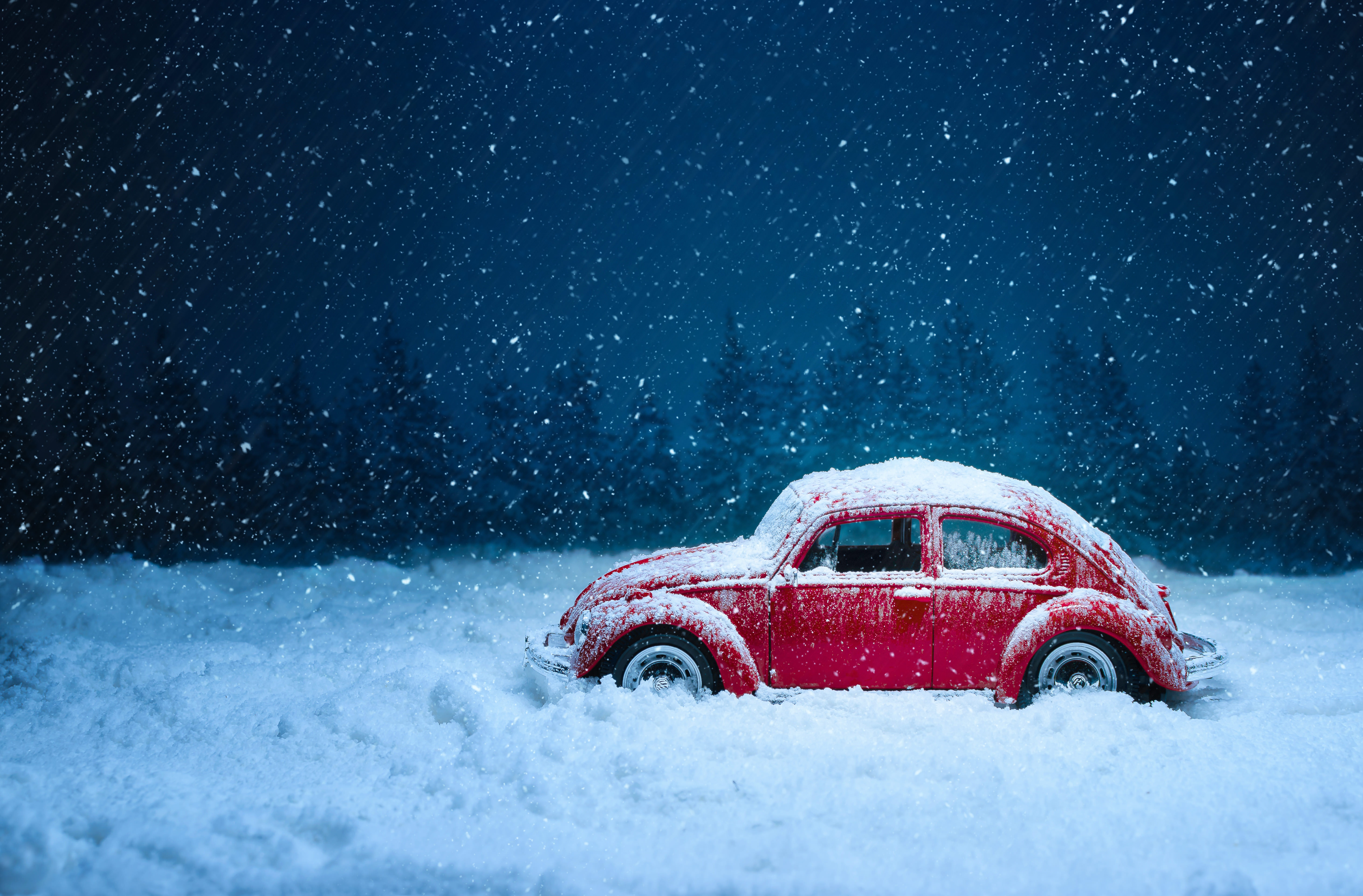 snowfall, winter, snow, cars, red, car, old, vintage, retro 8K