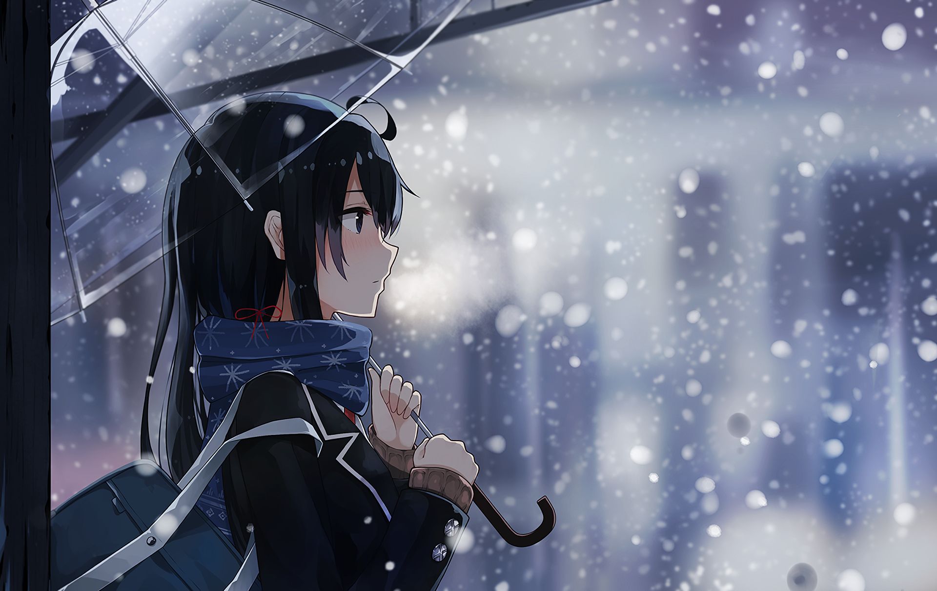 umbrella, anime, snowfall, my teen romantic comedy snafu, yukino yukinoshita 32K