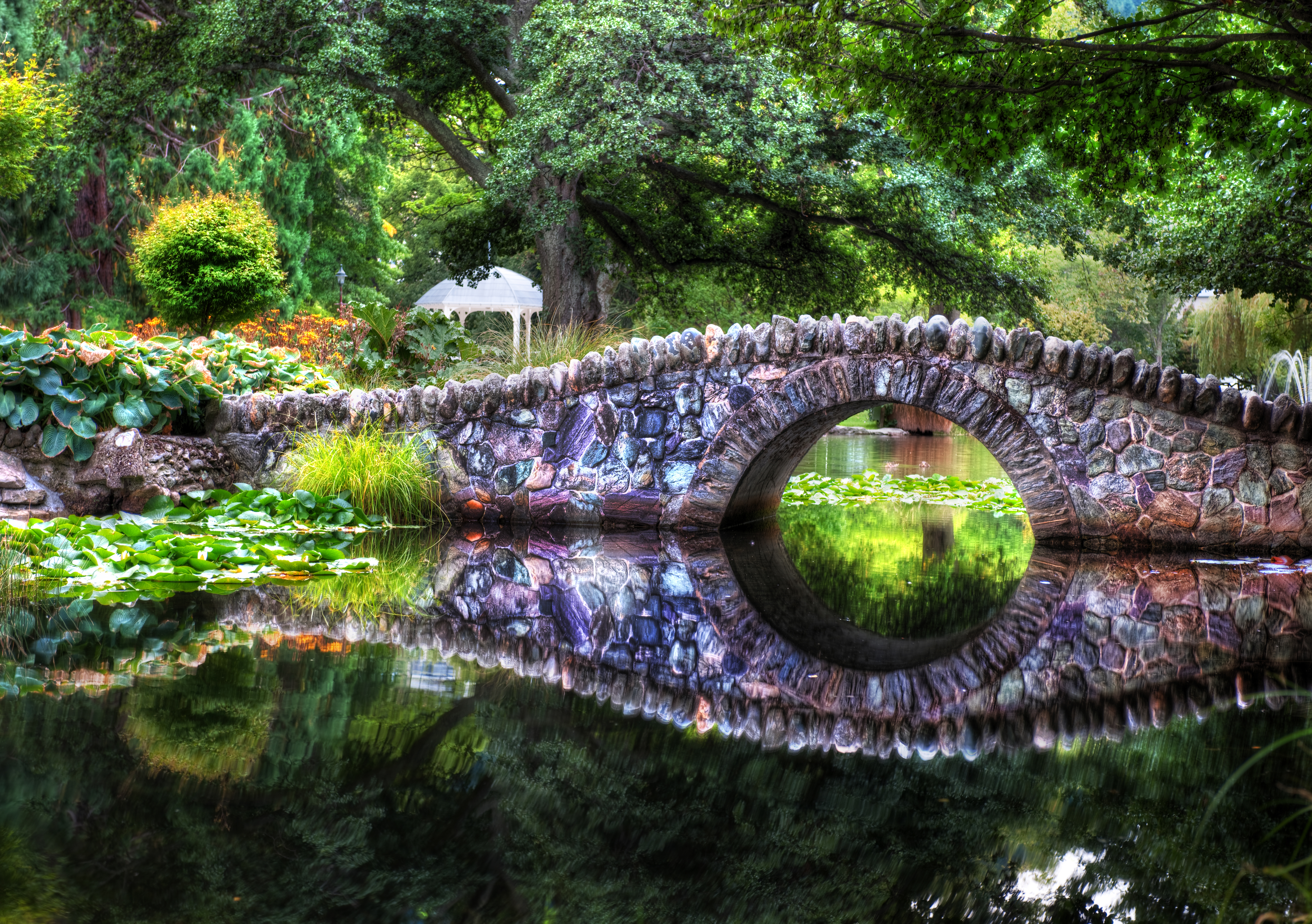 river, man made, bridge, greenery, pond, reflection, stone, bridges UHD