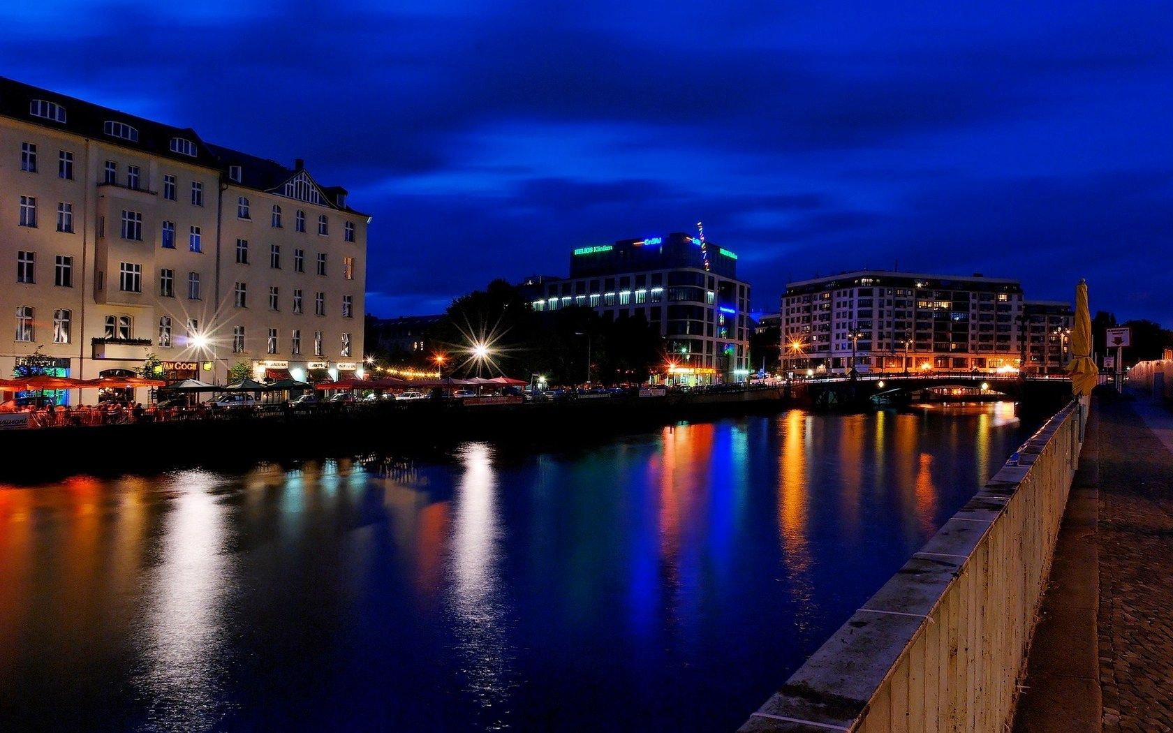 cities, rivers, night, berlin, building, shore, bank, germany 1080p