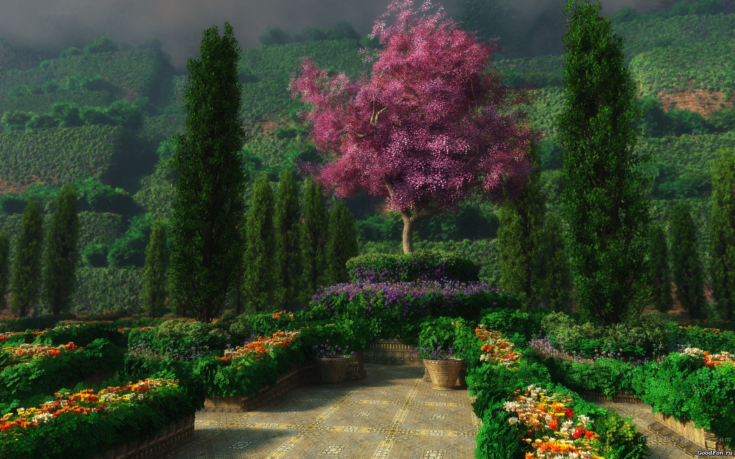 garden, trees, 3d, landscape, flowers phone wallpaper