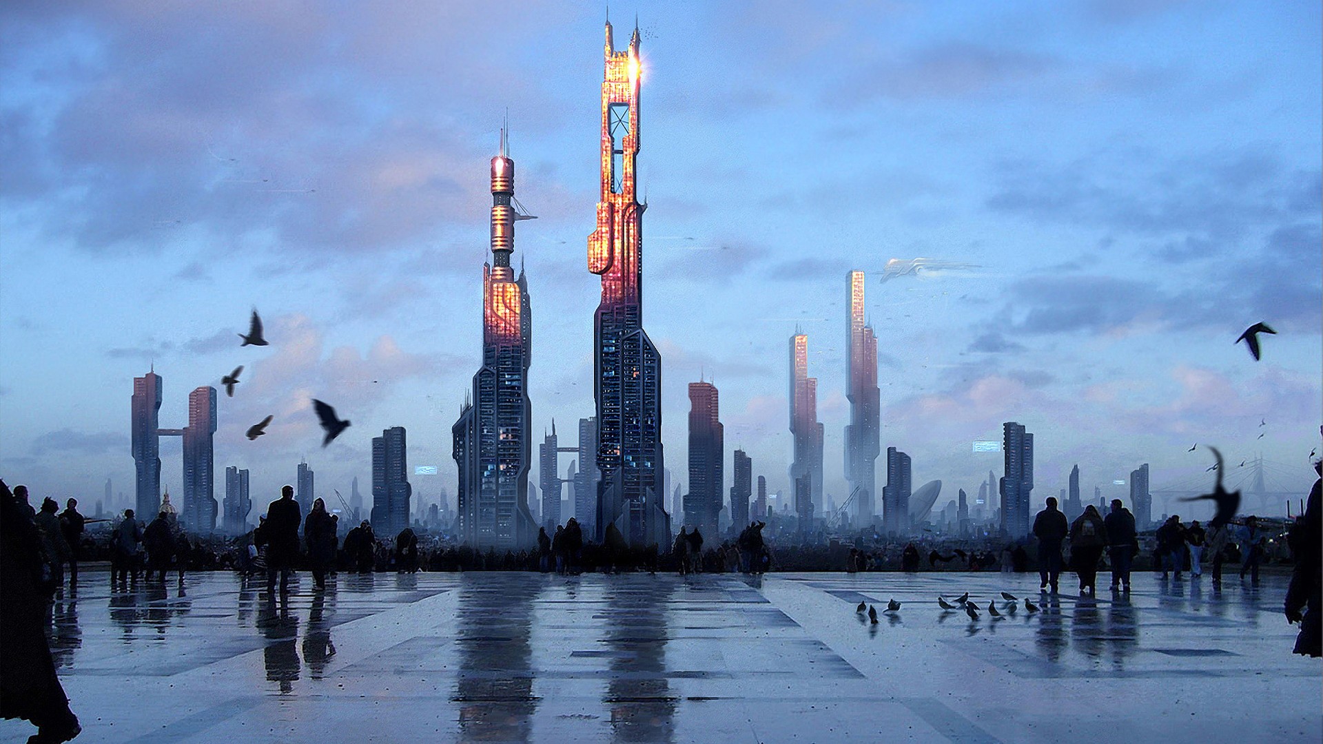 sci fi, city, building, cityscape, futuristic, paris, pigeon, sky