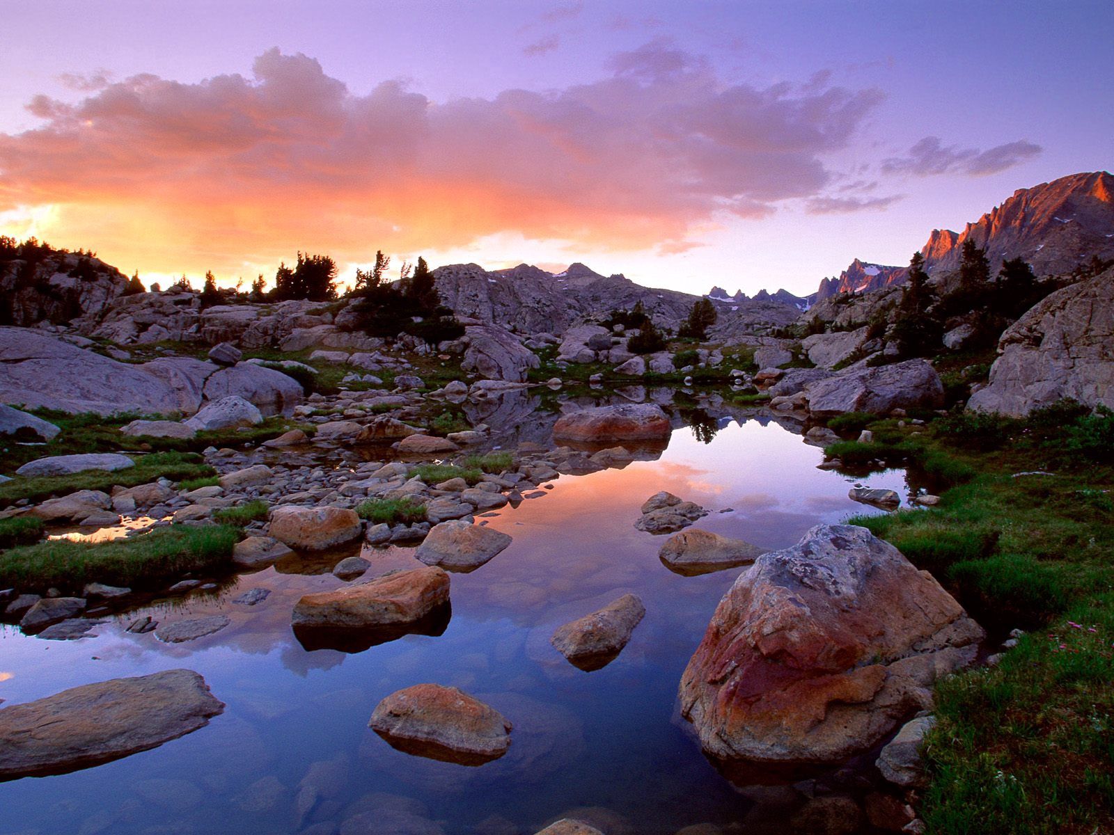 stones, nature, rivers, grass, sky, mountains, evening, wyoming, wind river range