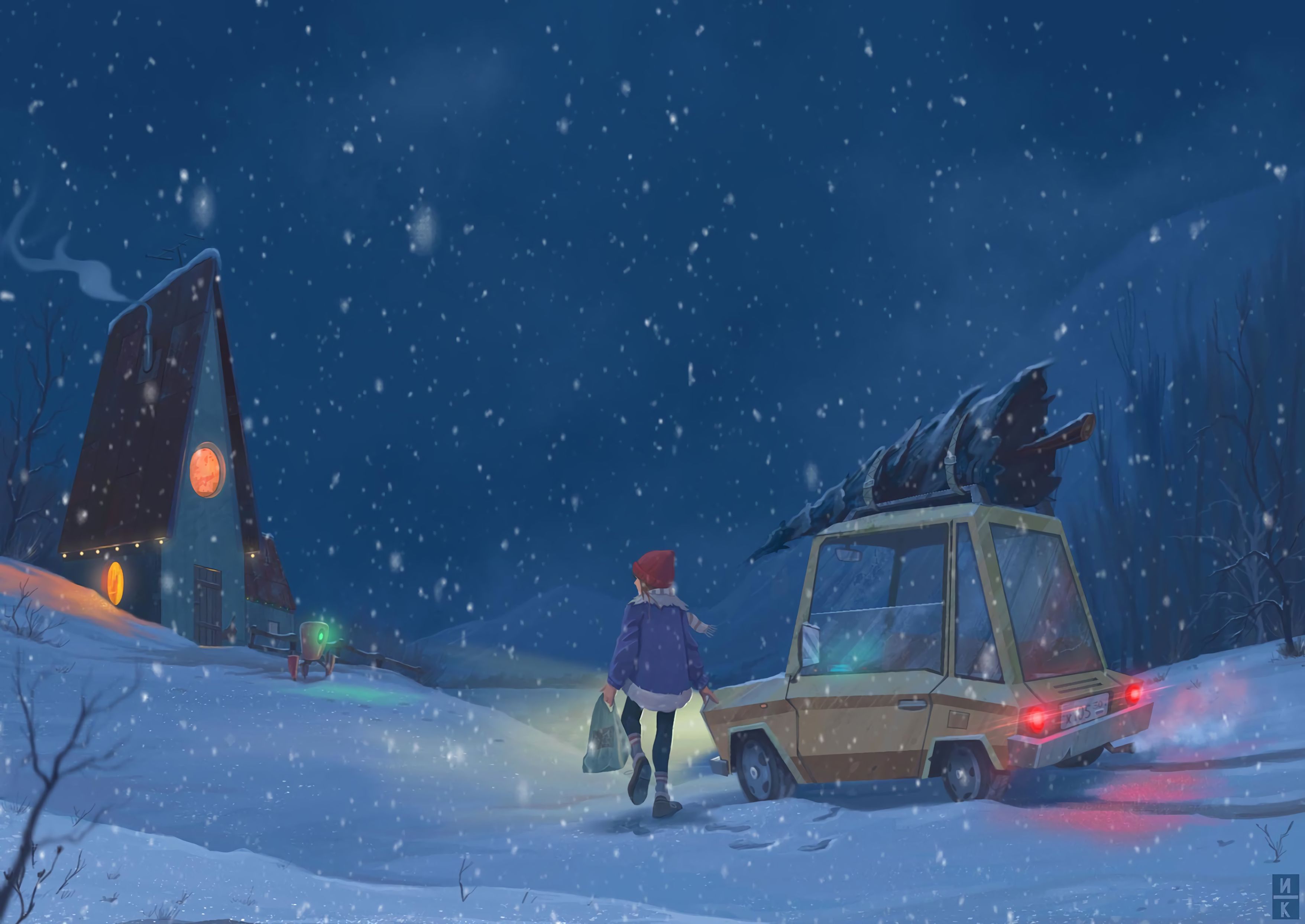 150785 download wallpaper winter, art, car, child, snowfall screensavers and pictures for free
