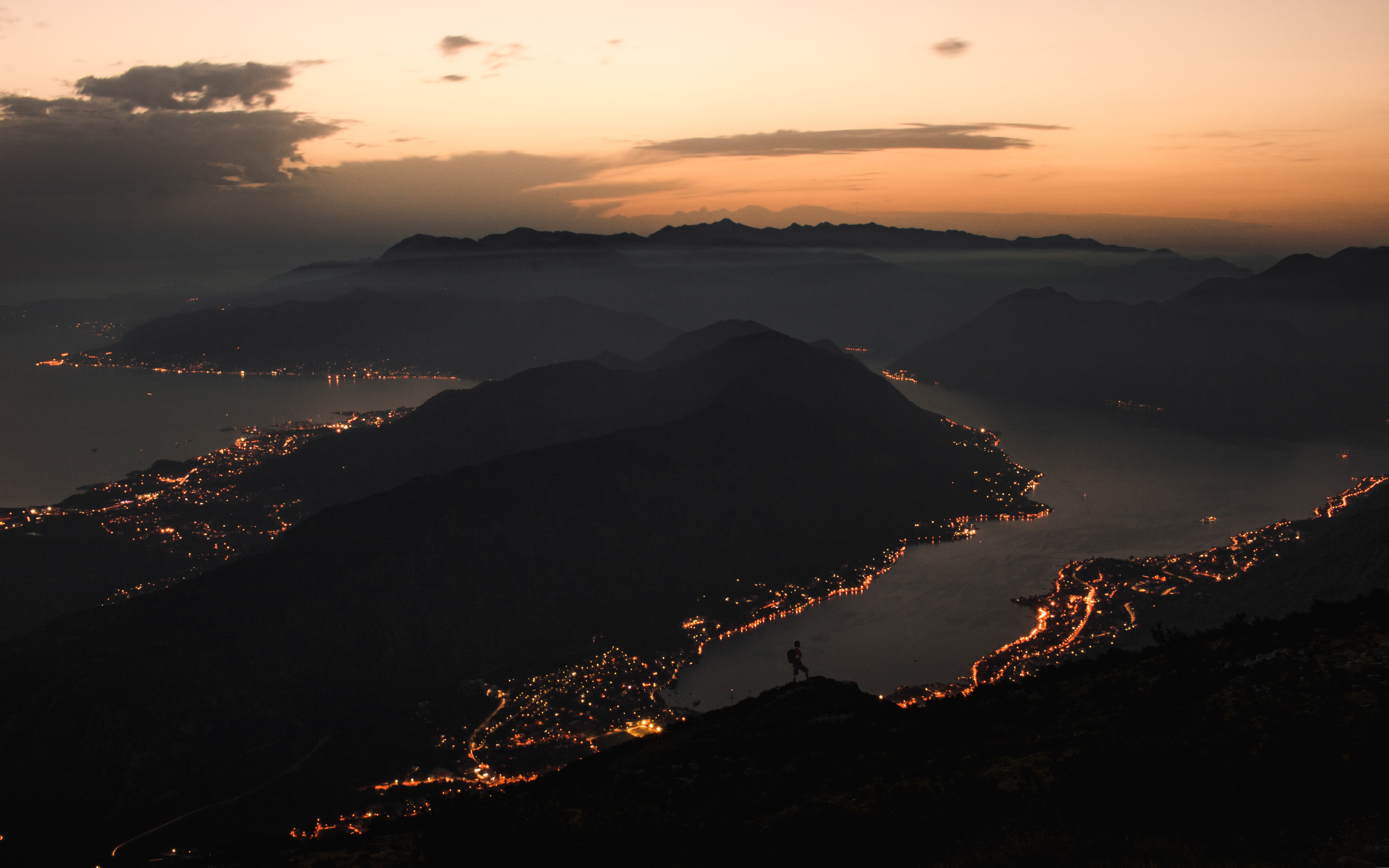 lights, dark, night, mountains, coast, city, view from above