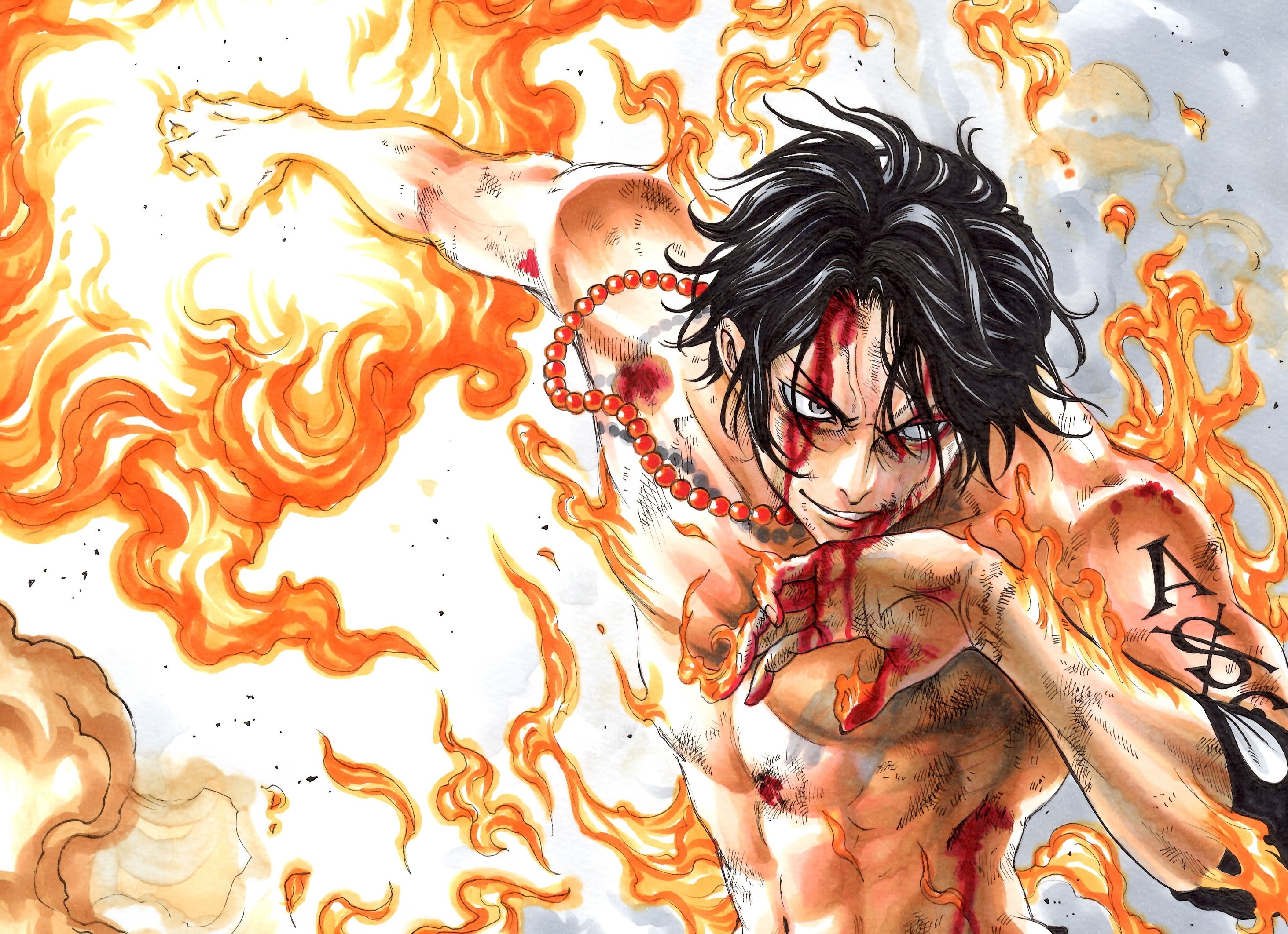 portgas d ace, one piece, anime, black hair, blood, flame, tattoo download HD wallpaper