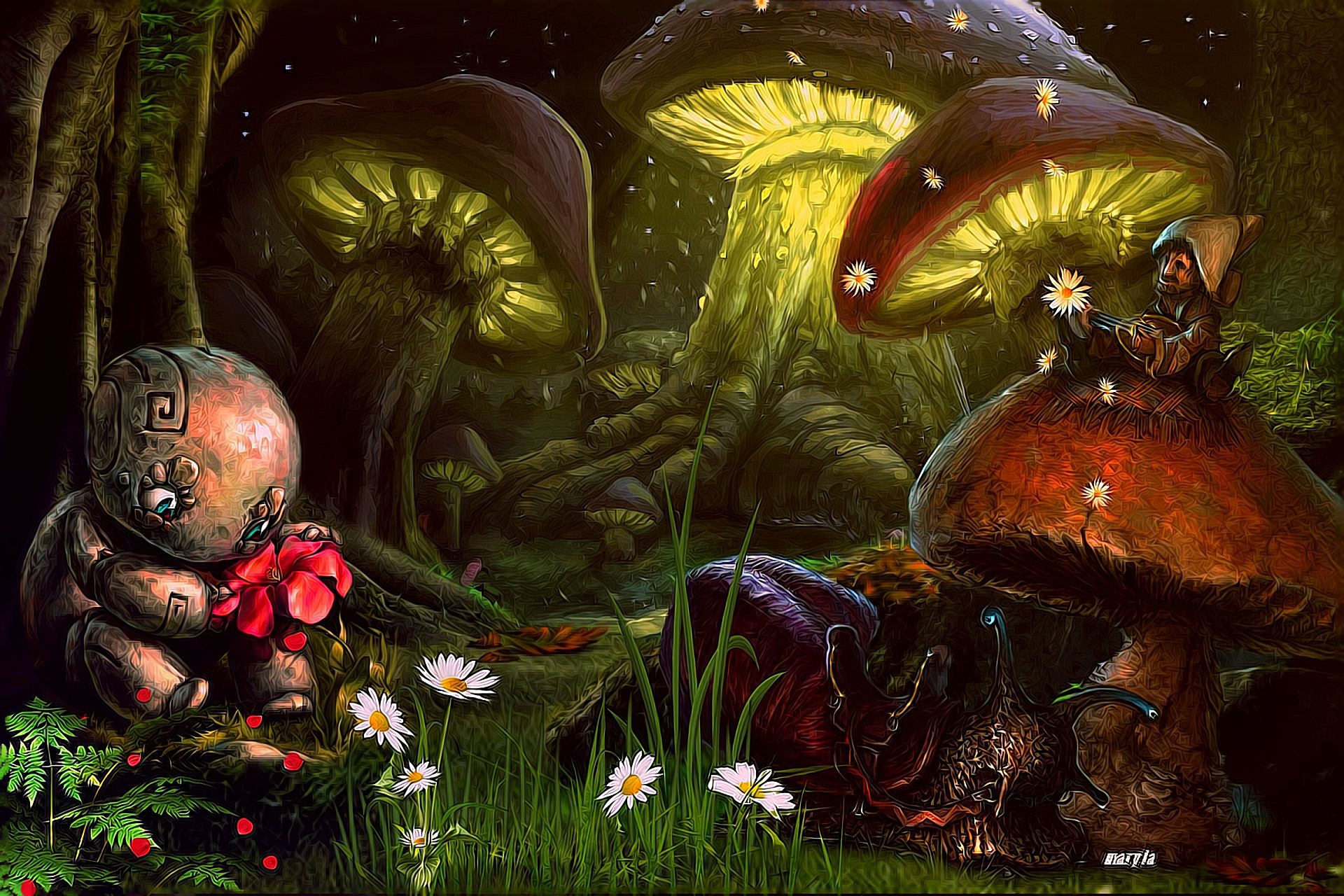 miniature, fantasy, forest, flower, mushroom