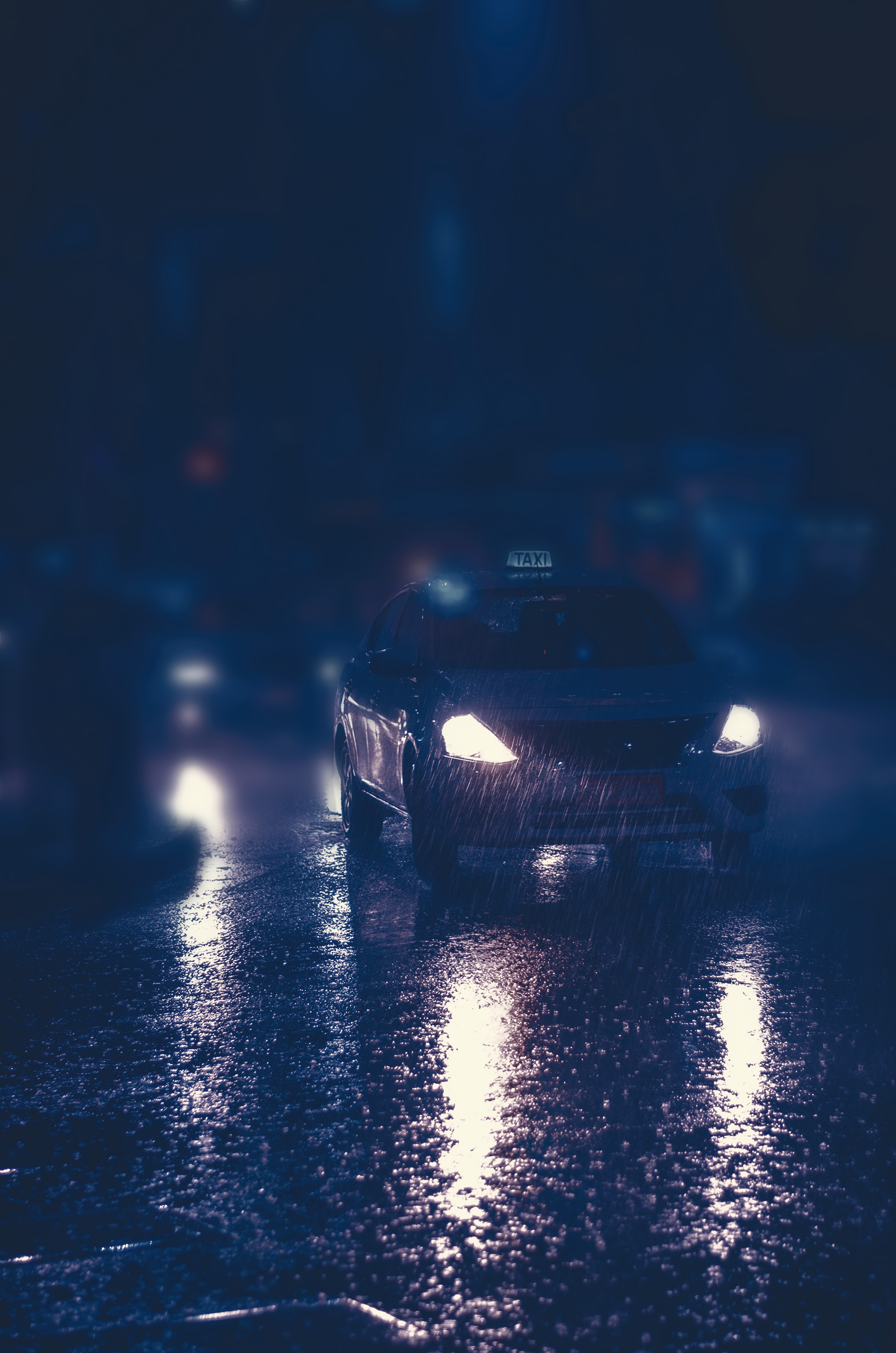 headlights, rain, night, taxi, lights, dark, car, street 32K